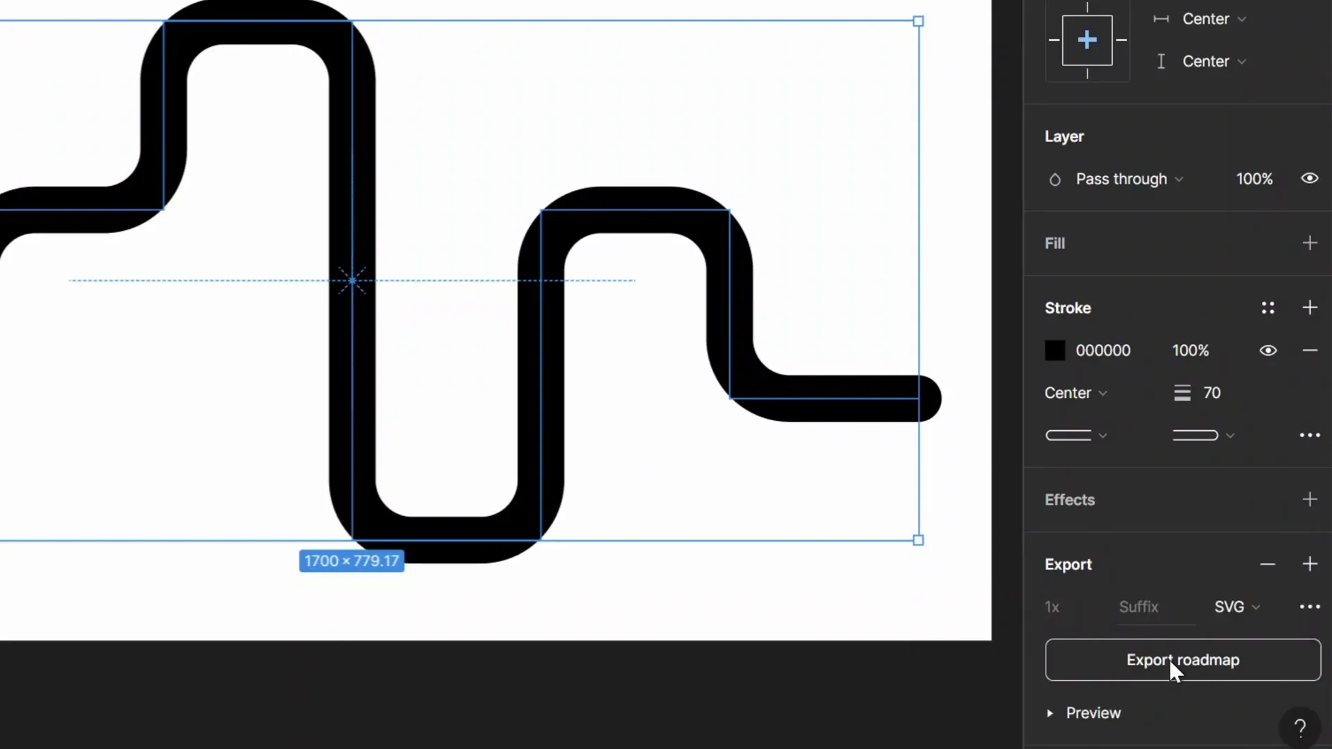 Figma pen tool drawing a curvy roadmap shape on grid