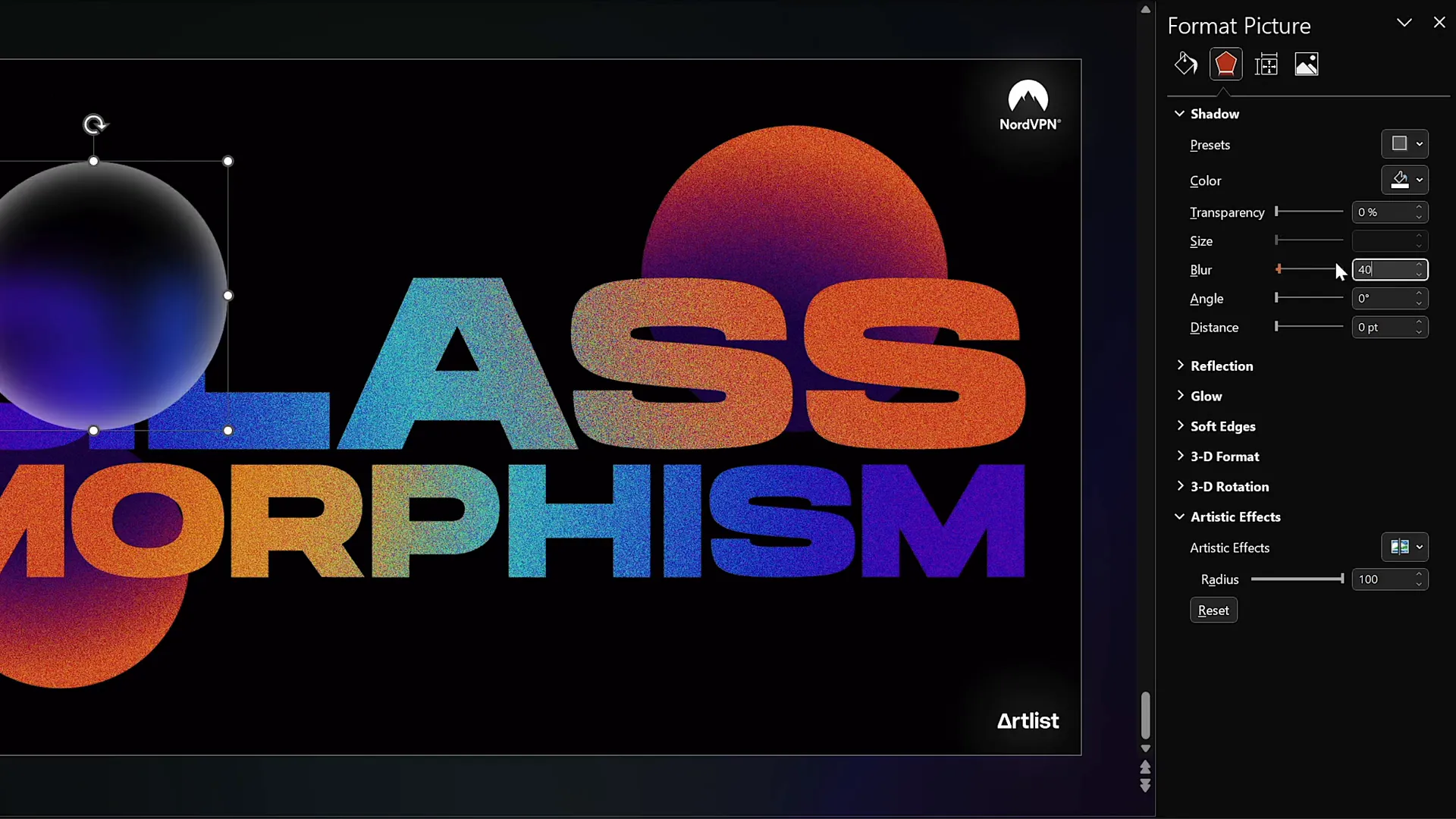 Creating the frosty glassmorphic circle by cropping blurred slide picture and adding white inside shadow and outline