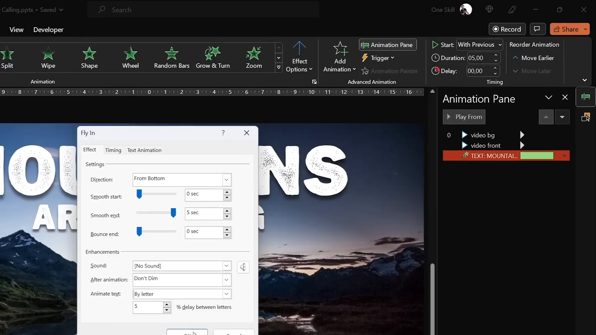 Animating text to fly in and zoom in letter by letter