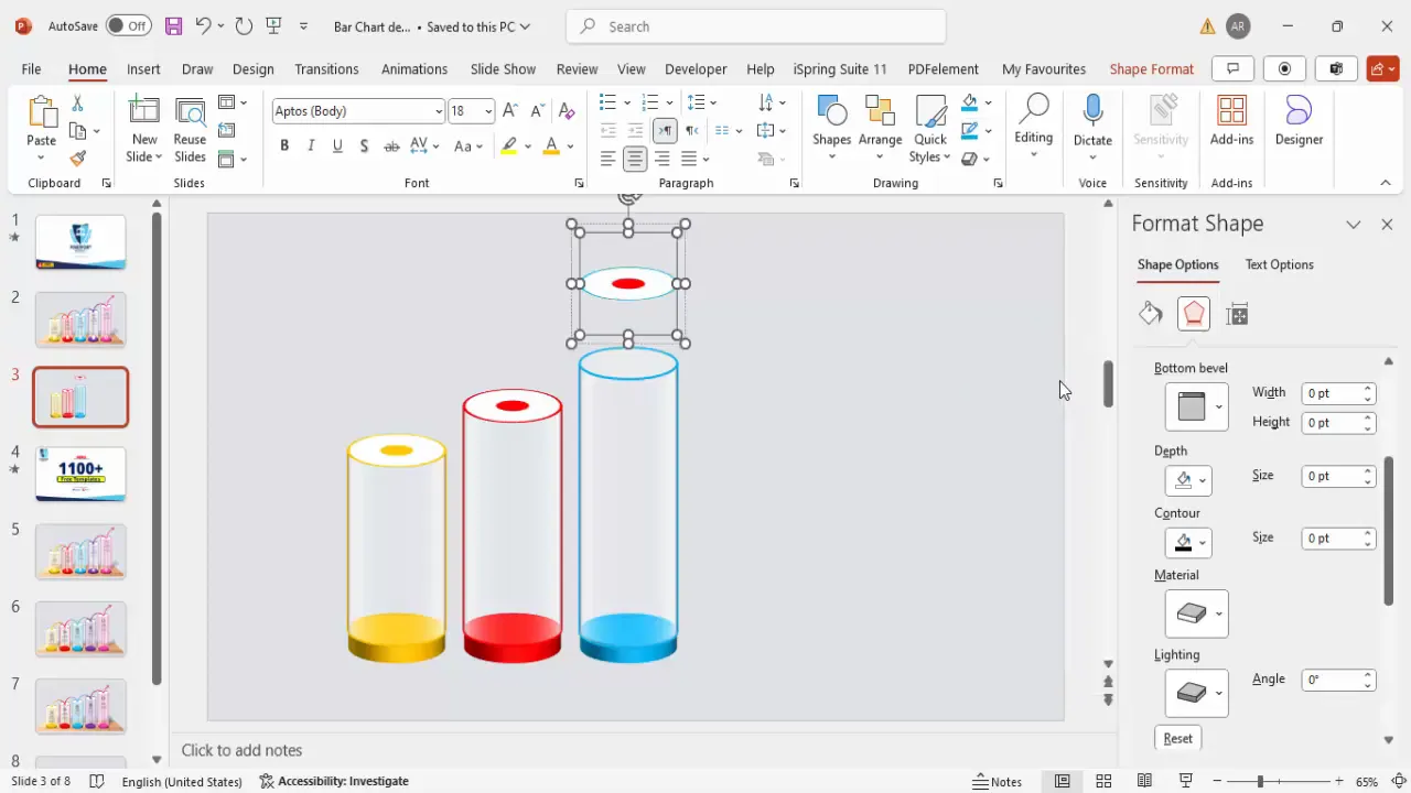 Multiple colored bars with varying depths aligned on slide