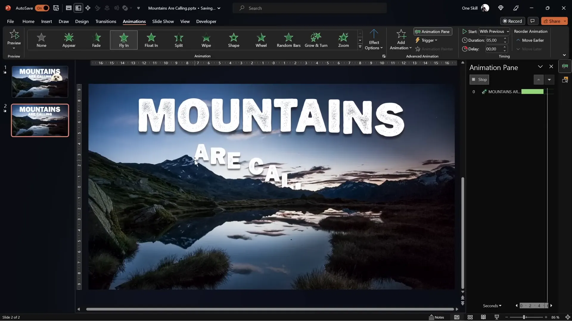 Text flying in letter by letter animation in PowerPoint