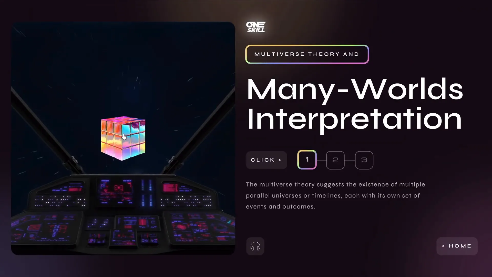 Multiverse theory slide with audio narration and return home button