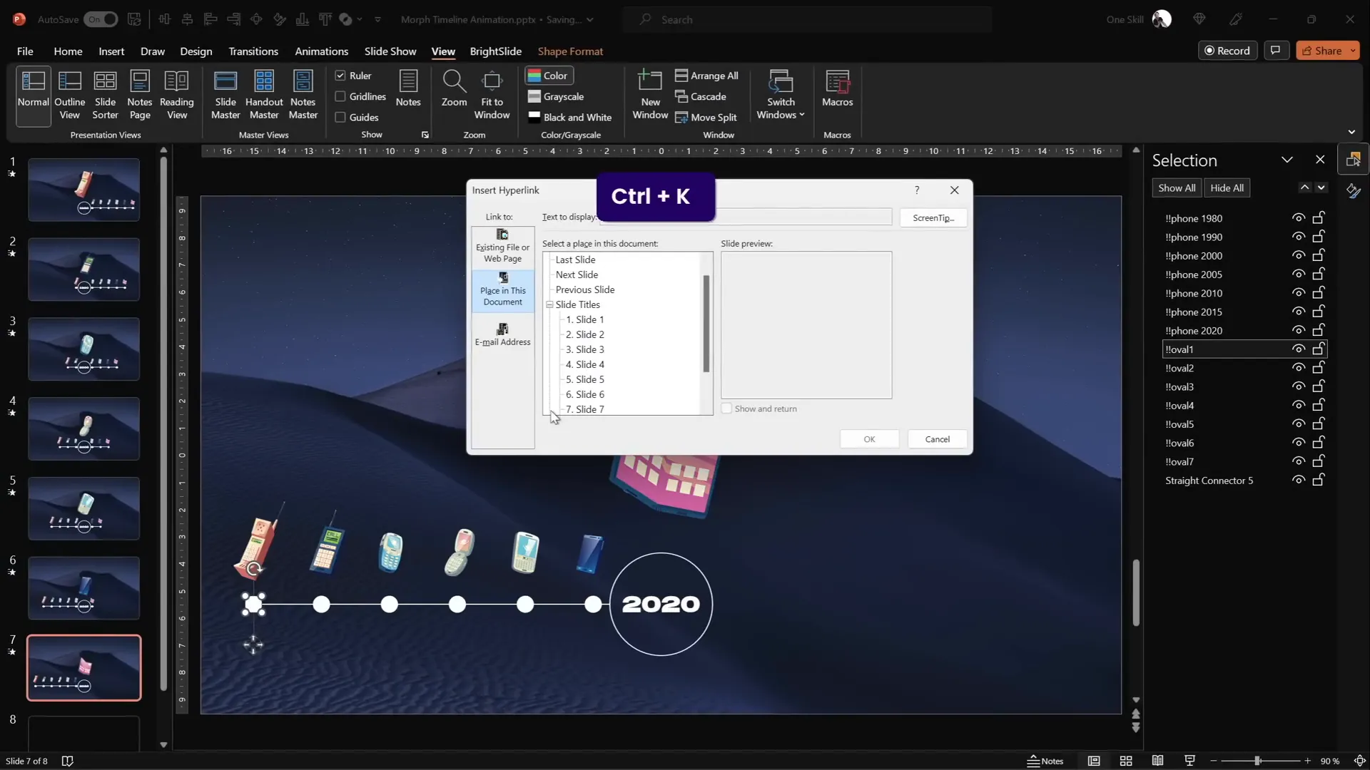 Hyperlink added to timeline circle to jump between slides
