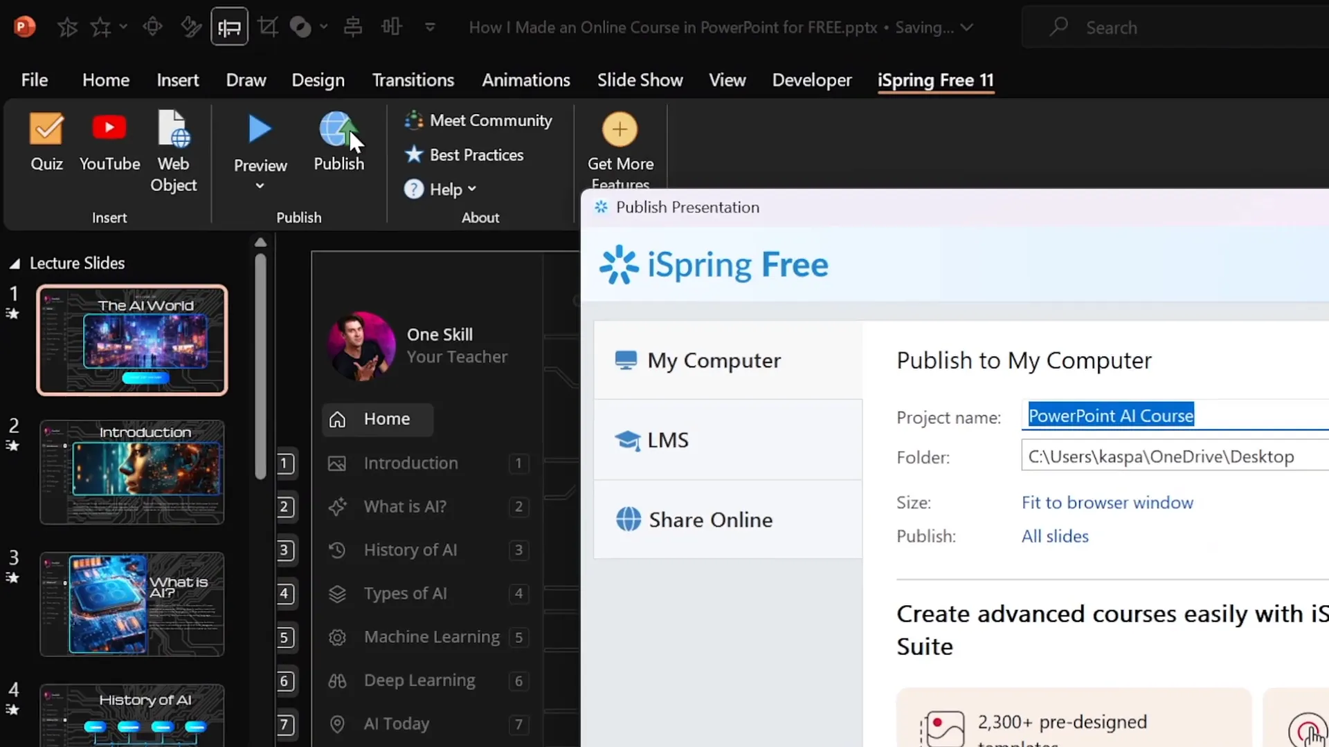 iSpring publishing options in PowerPoint