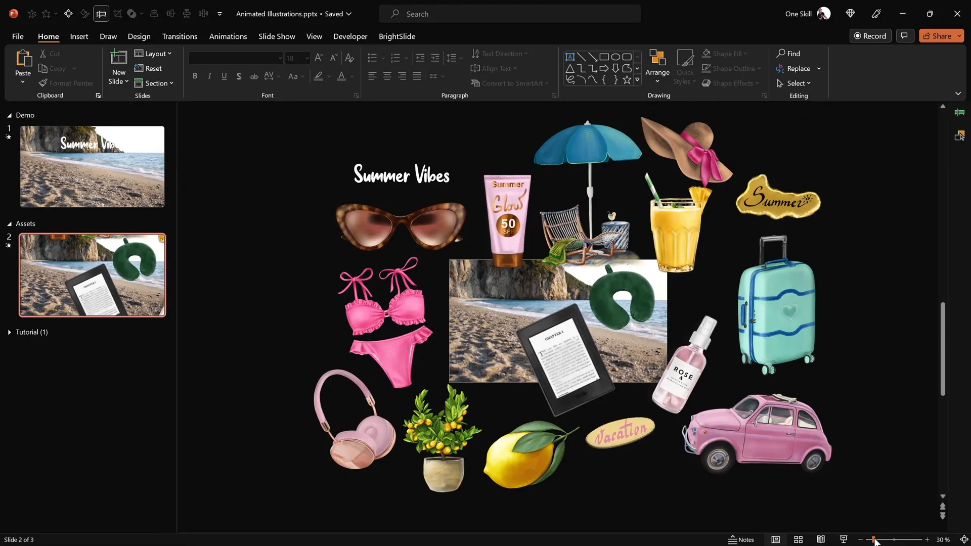 Summer illustrations including sunglasses, cocktail glass, umbrella, and sunscreen bottle