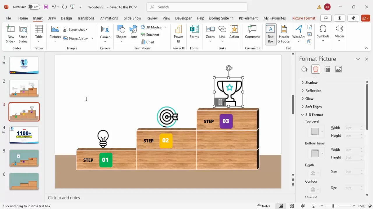 Add step labels and colored rounded rectangles to wooden blocks