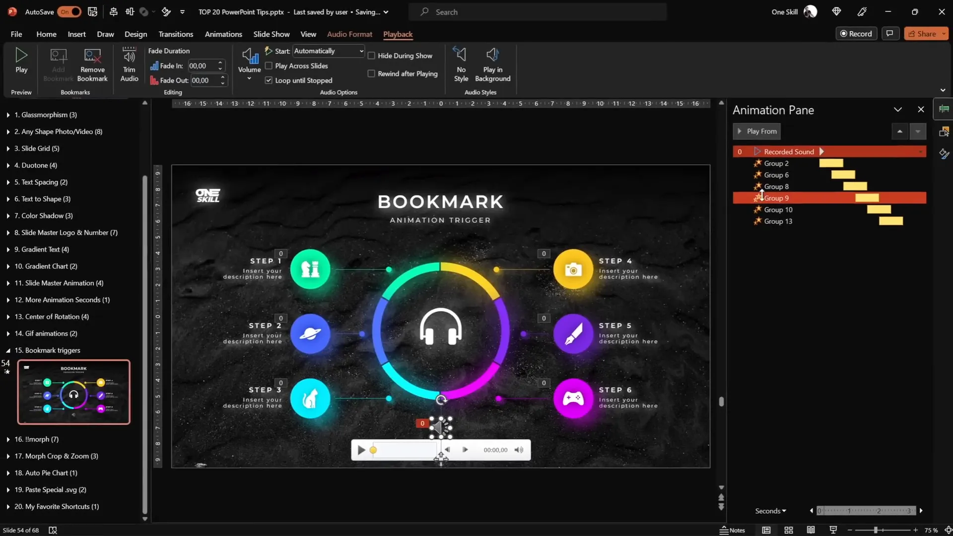 Setting bookmark trigger to loop animations using audio bookmarks