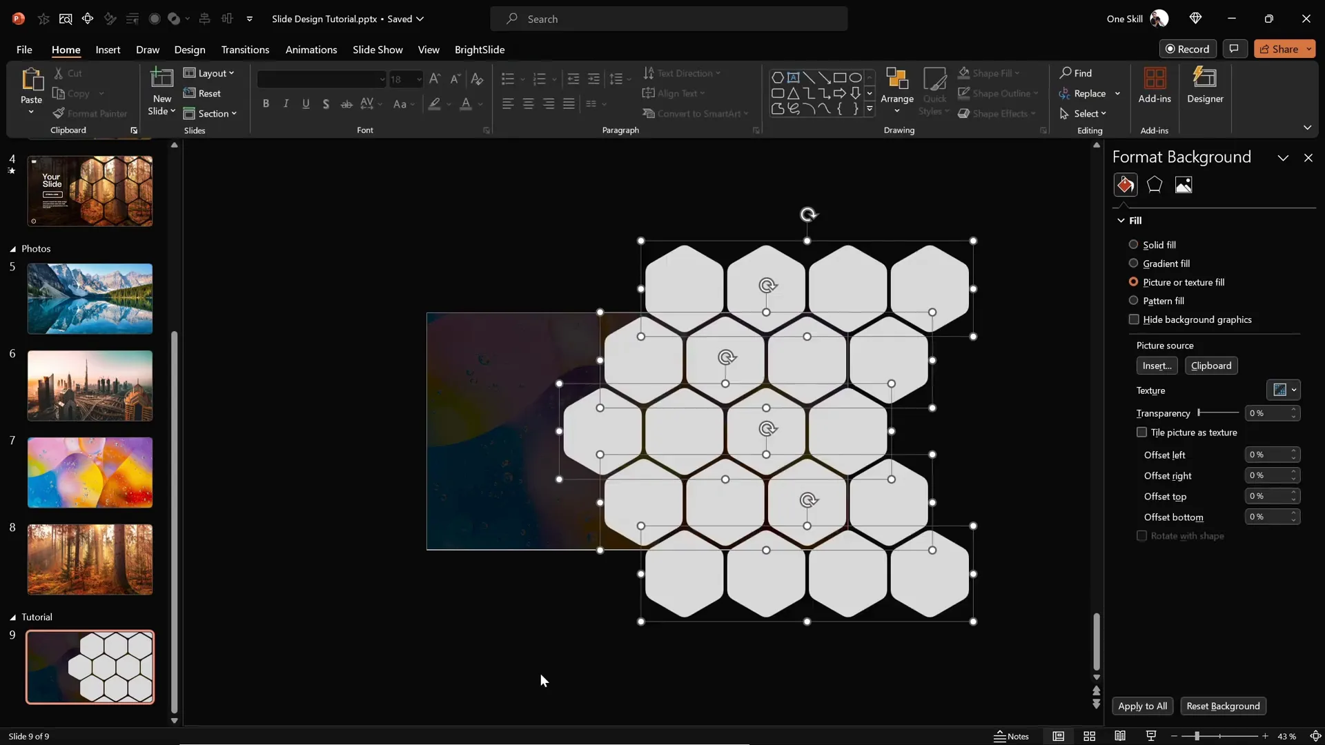 Arranging and grouping hexagons to form a pattern on the slide