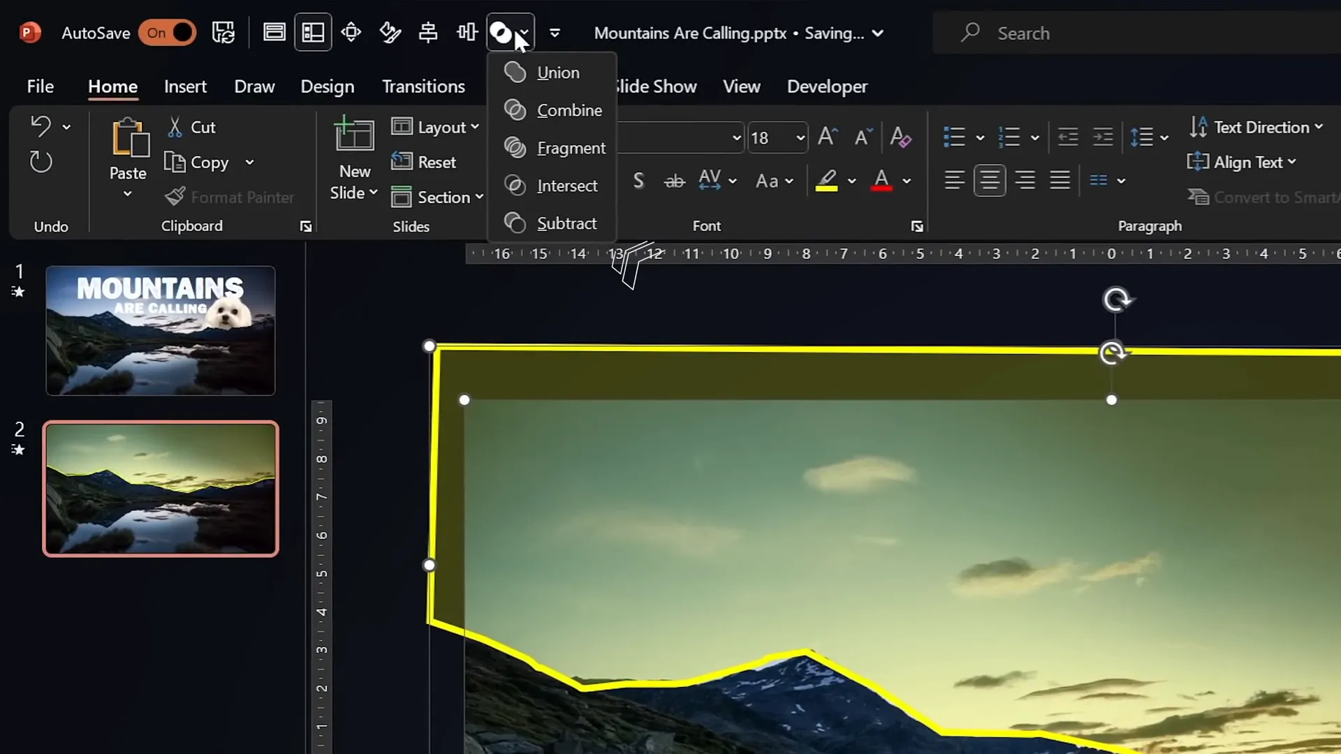 Using freeform shape tool to mask mountains in PowerPoint