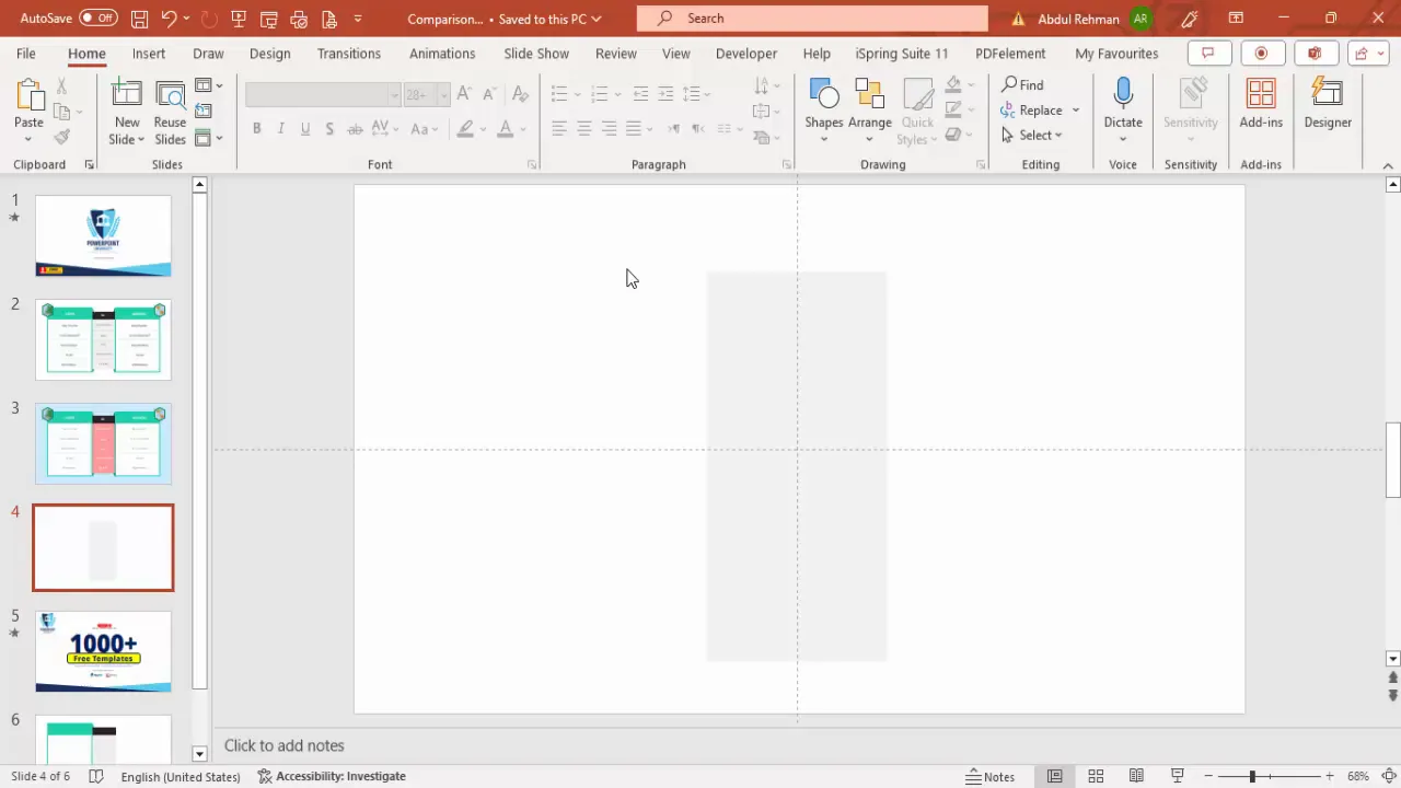 Light gray rectangle in the center of slide for table background