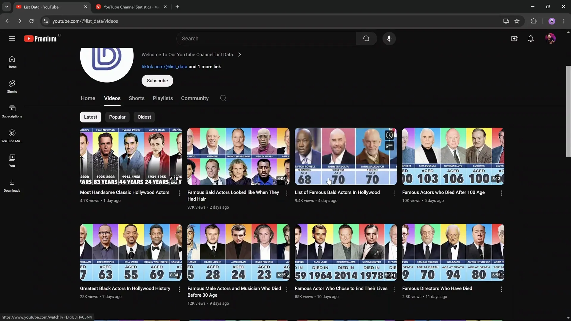 List Data YouTube Channel displaying statistical videos