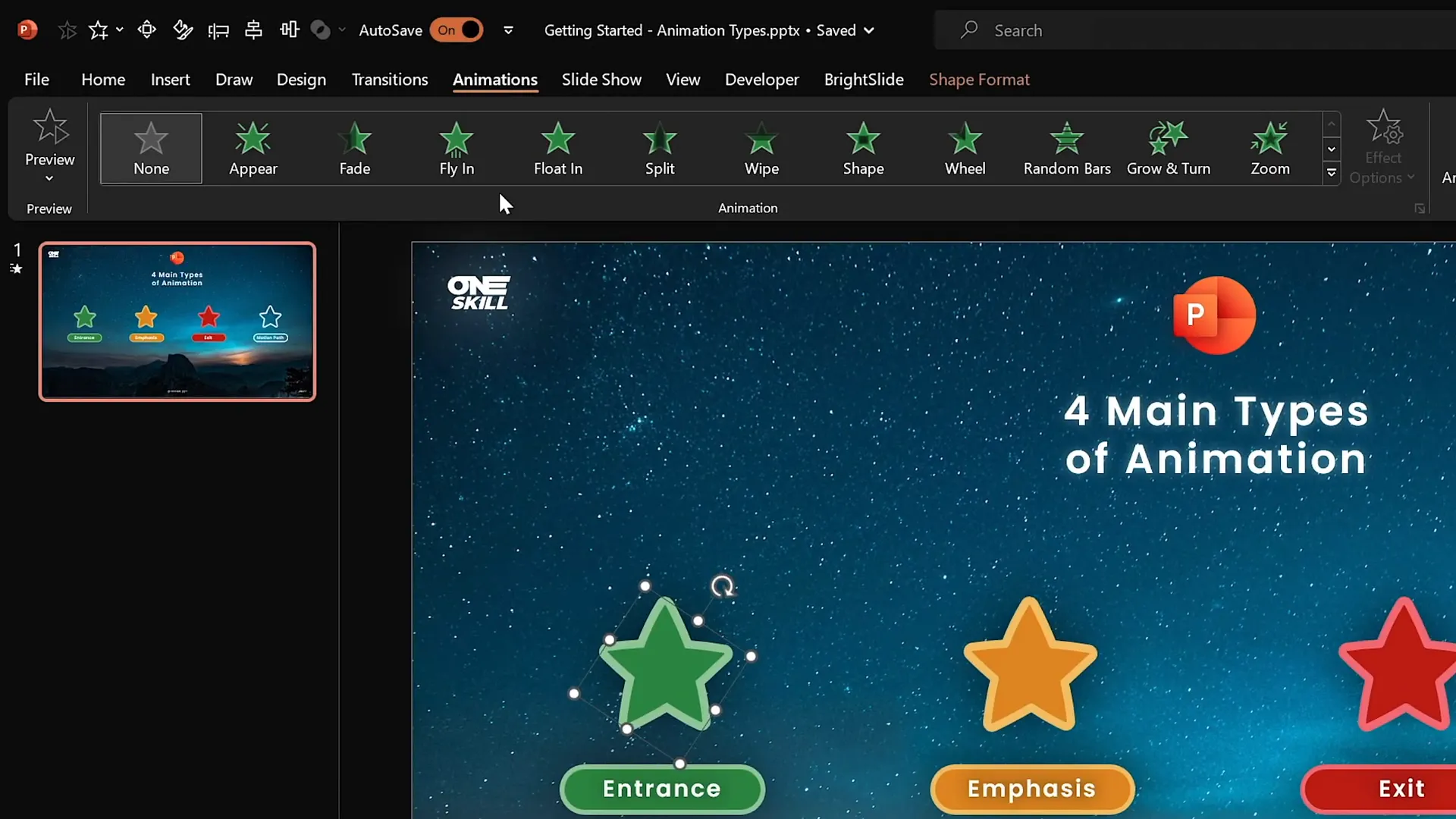 PowerPoint animations tab showing entrance animation options for a selected shape