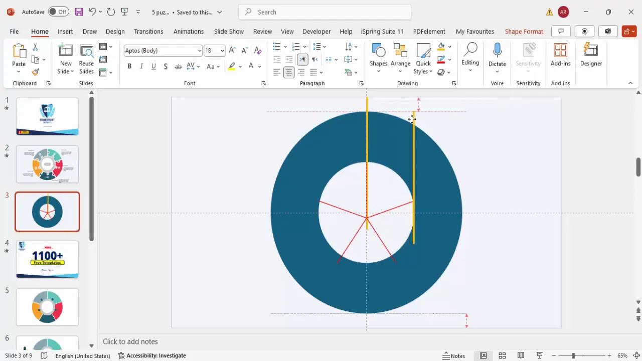 Dividing the circle into five equal parts using rectangles and star guide