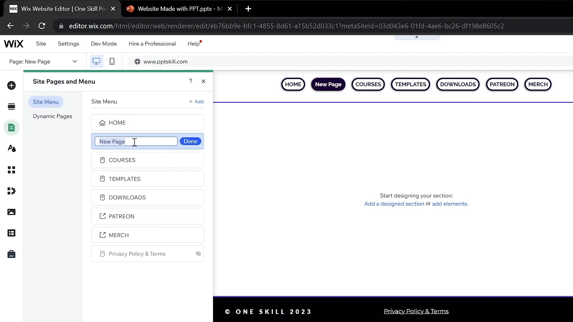 Creating a new blank page in Wix