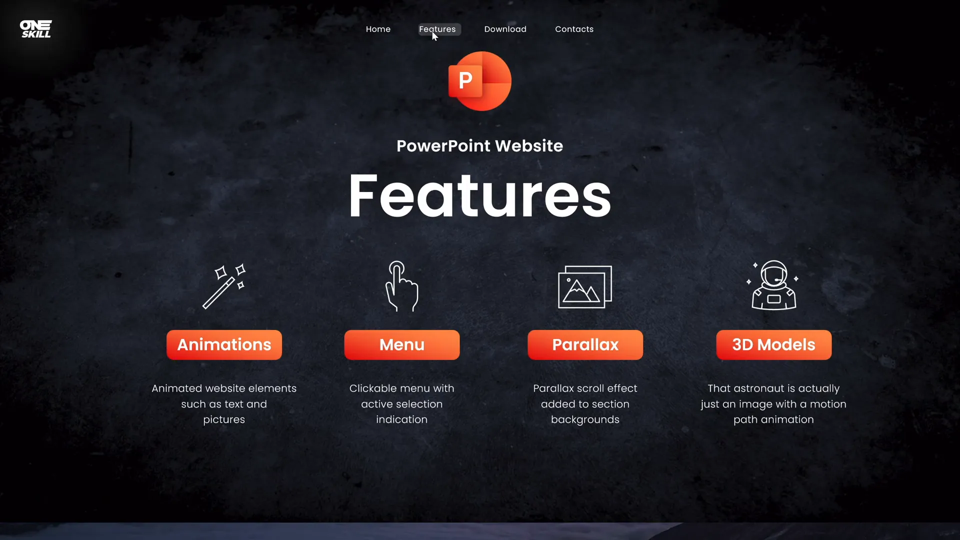 PowerPoint slide with clickable menu and parallax scroll effect