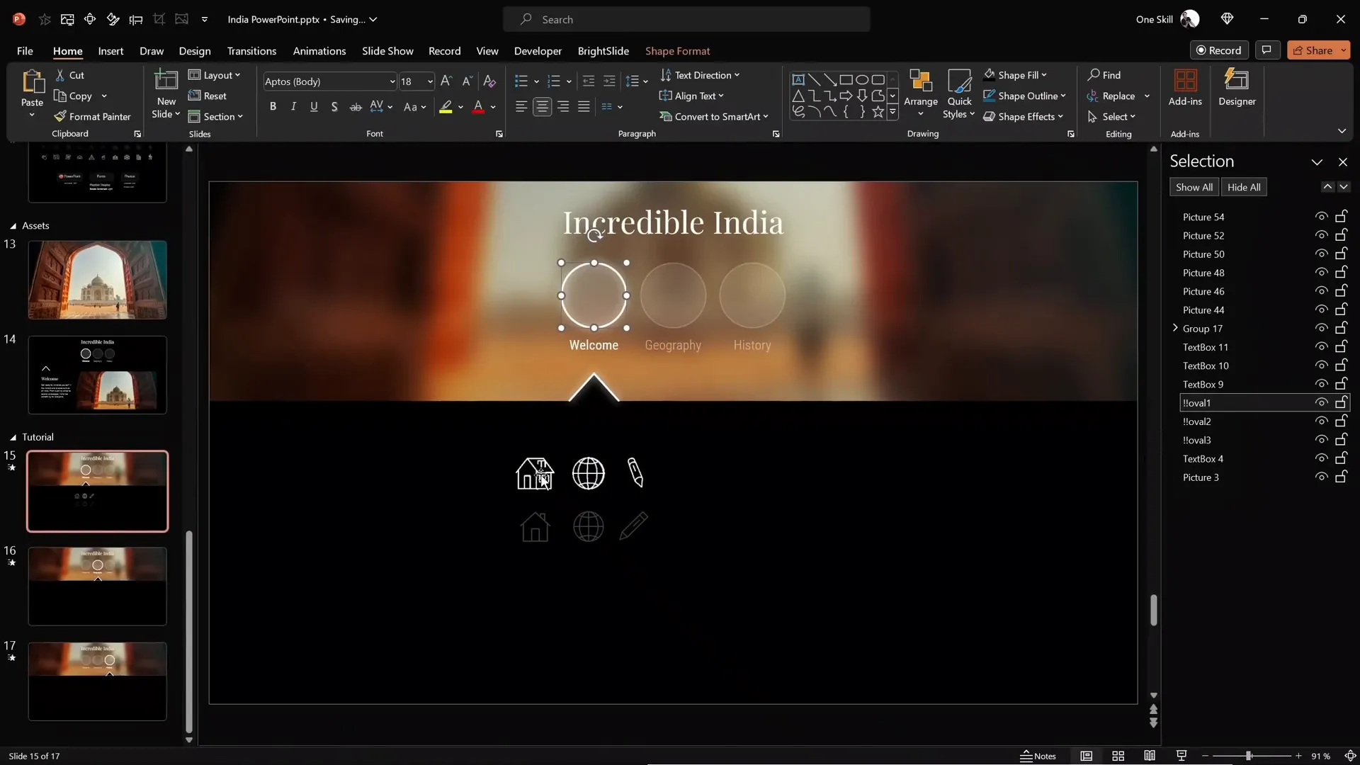 PowerPoint slide with animated and static icons arranged in circles