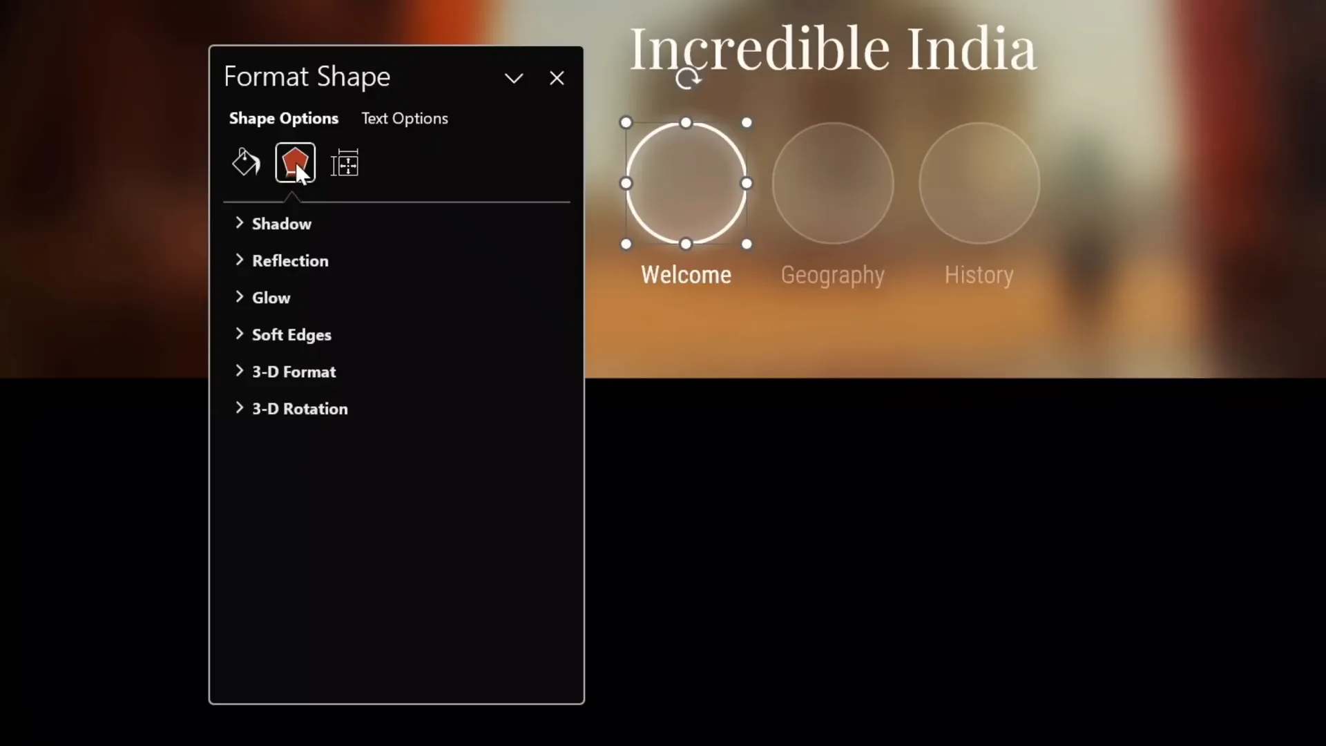 Format shape pane showing circle and shadow settings in PowerPoint