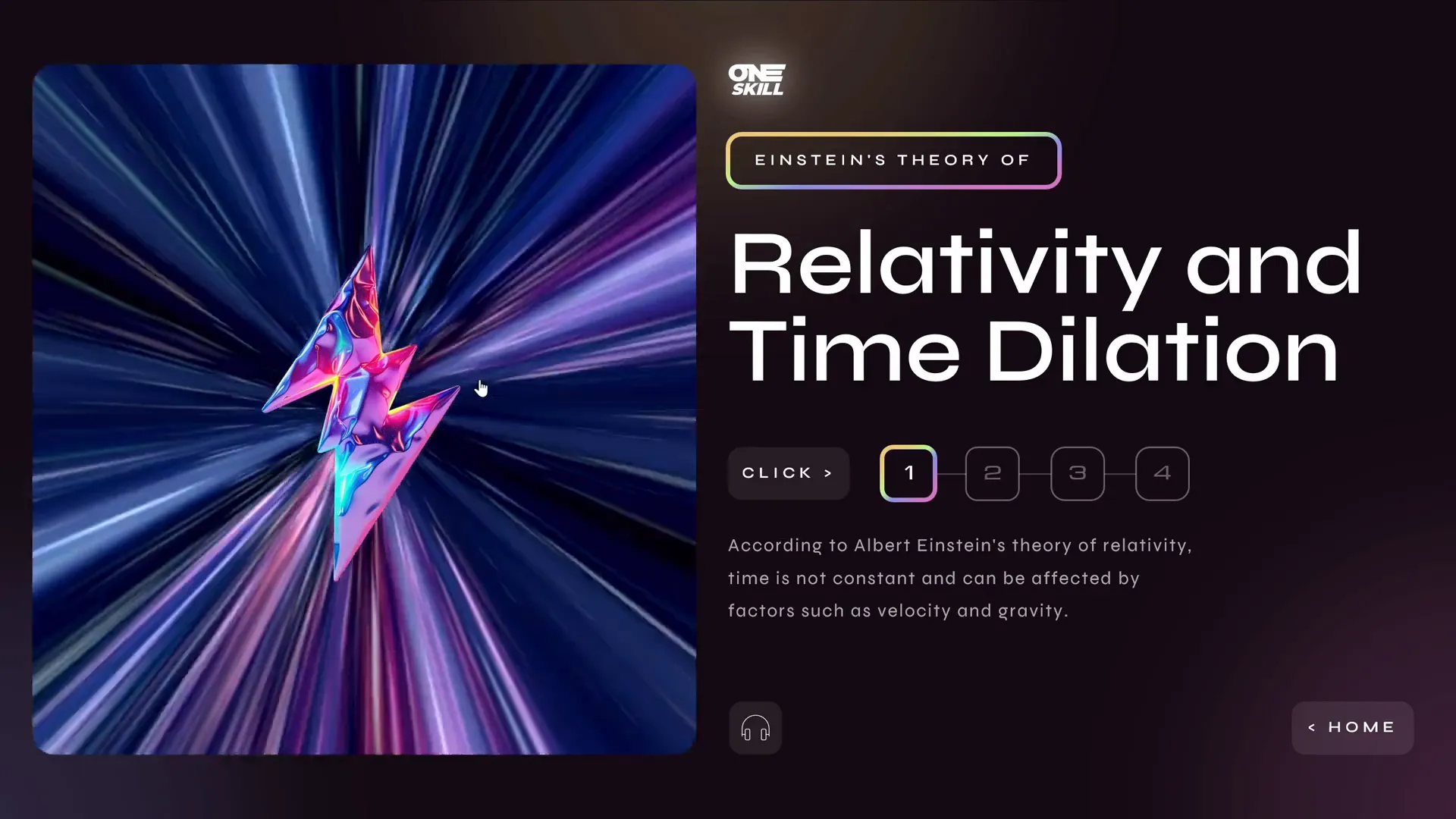 Relativity and time dilation slide with interactive text menu and looping video