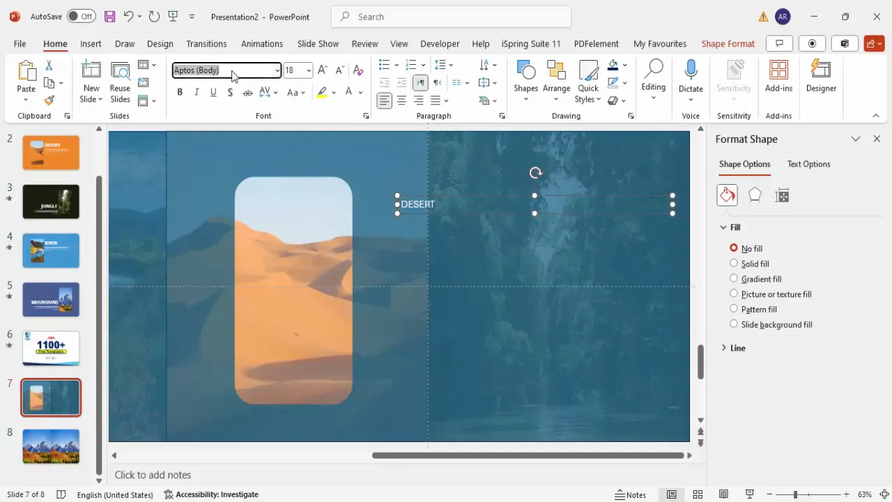Text boxes for title and detailed text on the slide