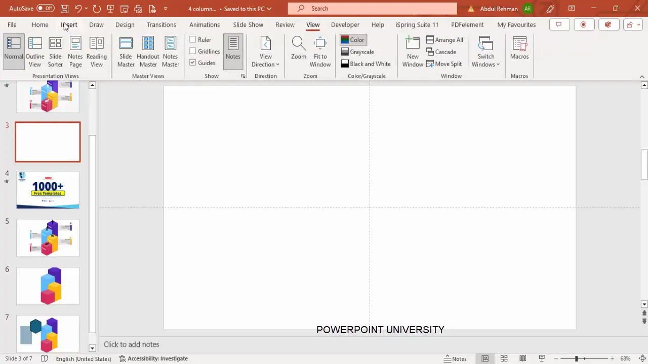 Enabling guides and inserting basic shapes in PowerPoint
