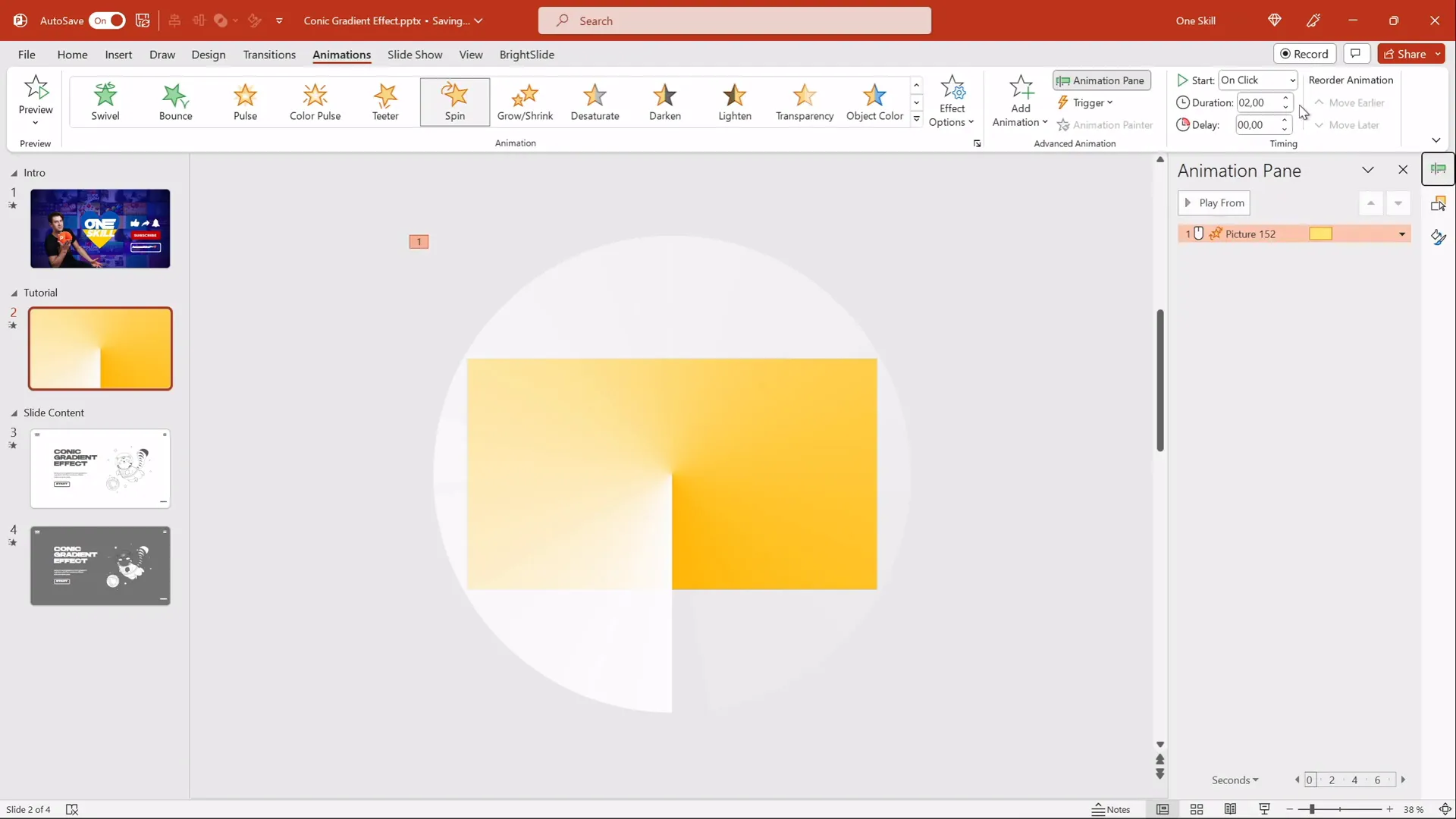 PowerPoint animation pane showing spin animation settings