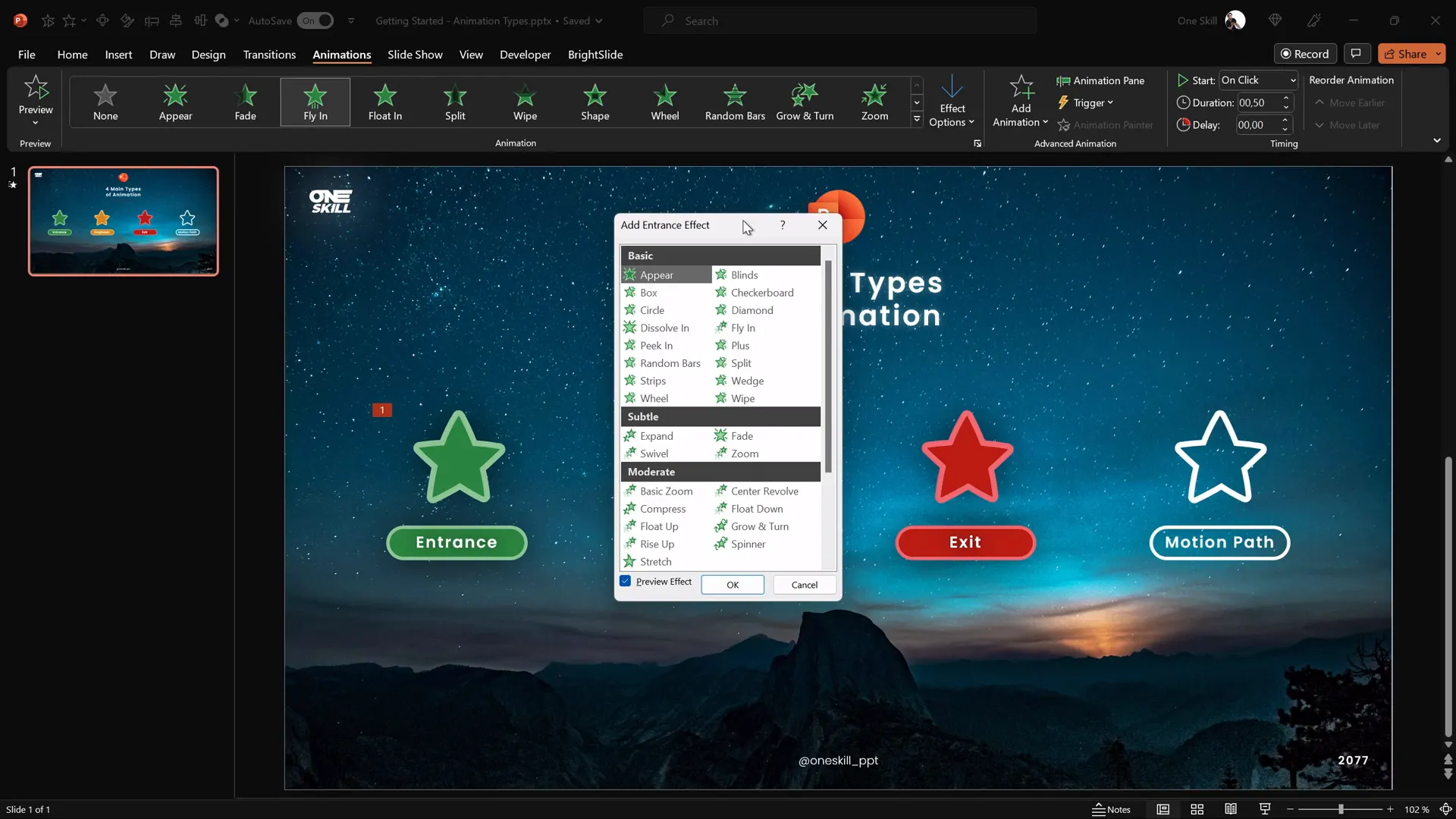 Add animation button and animation categories in PowerPoint