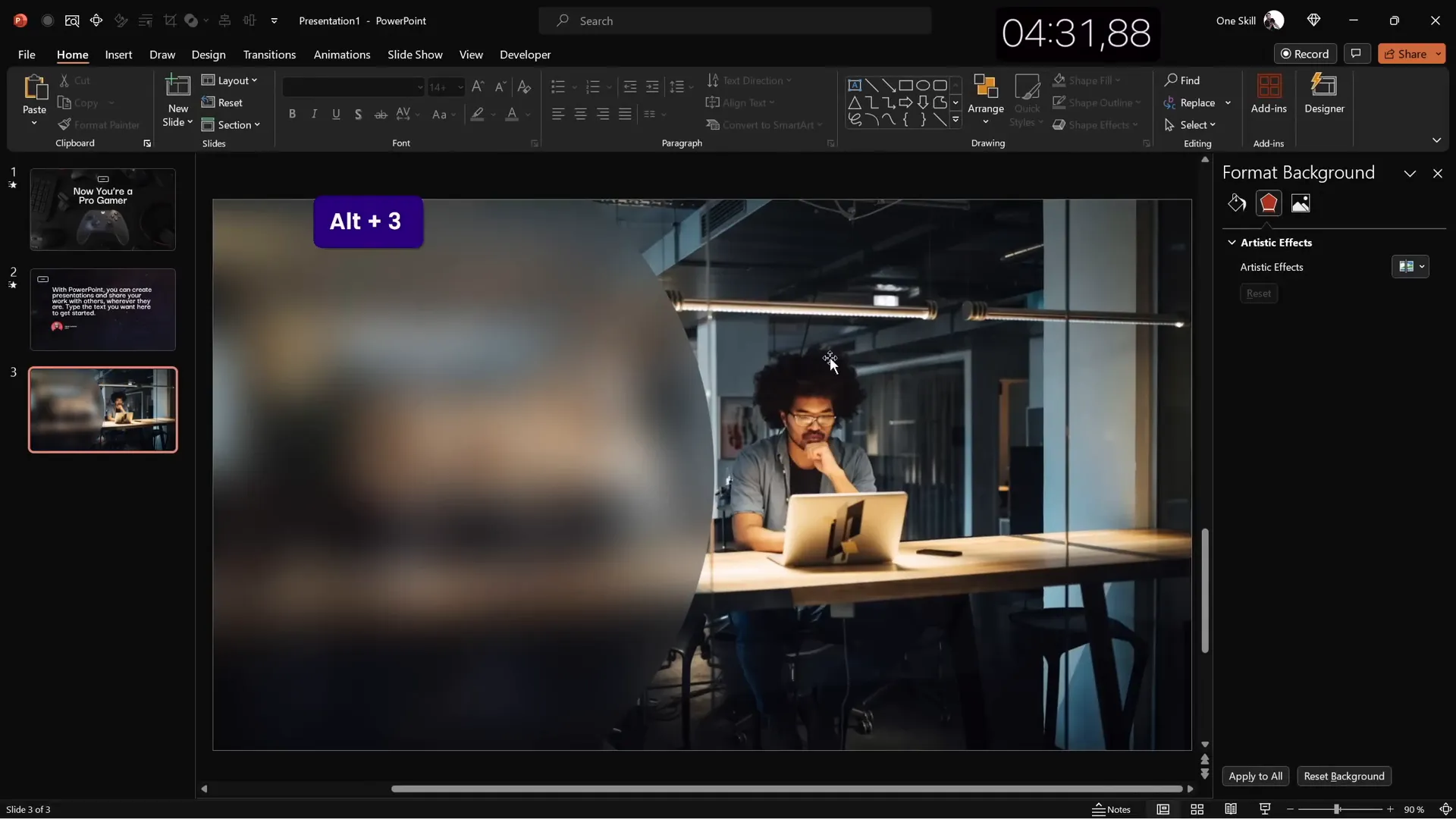 Glassmorphic effect slide with blurred background and translucent circle