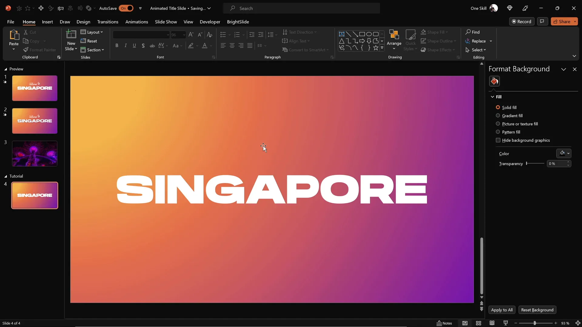 Inserting and styling the title text Singapore in PowerPoint
