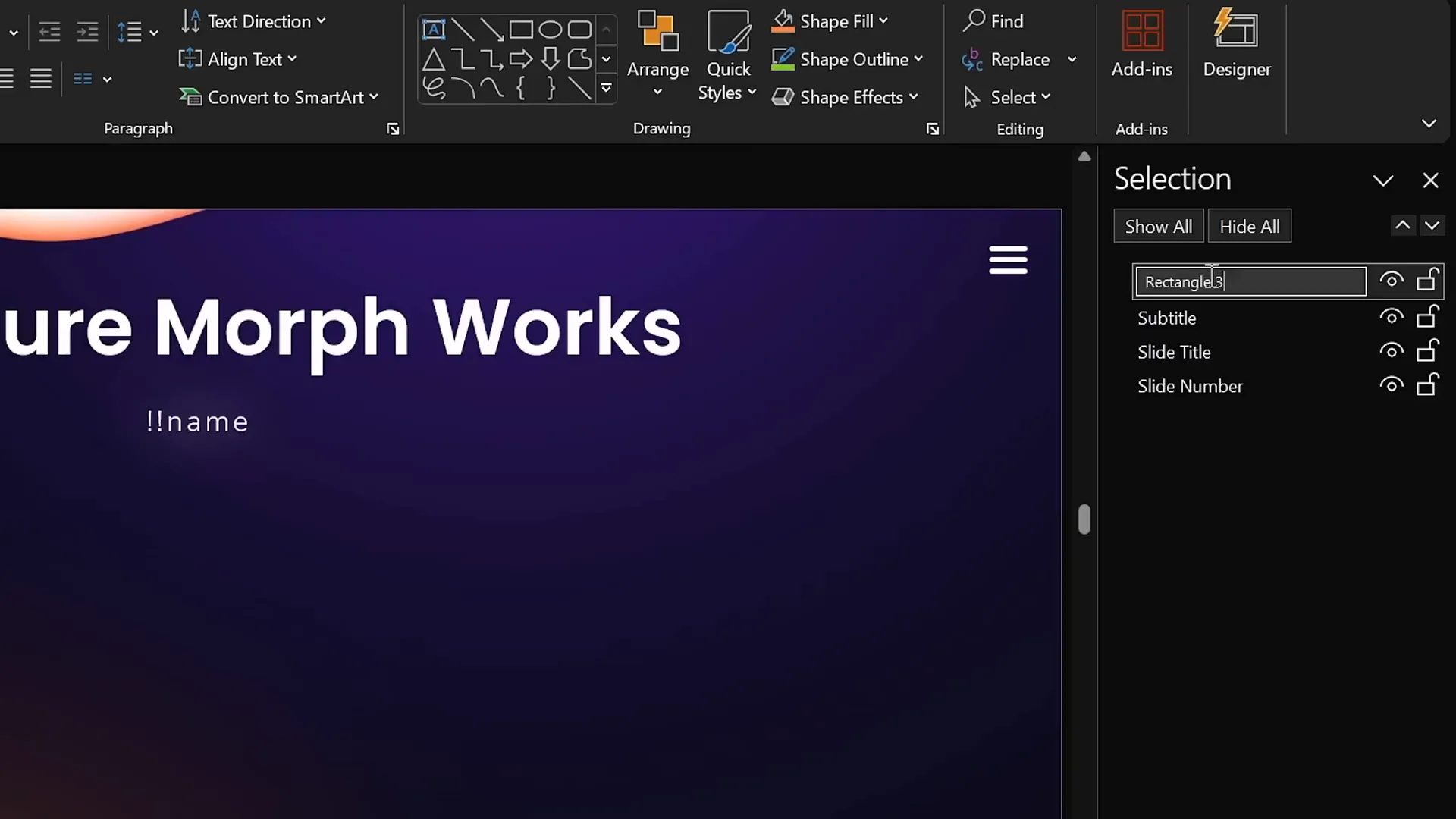 Renaming objects with double exclamation marks to fix Morph