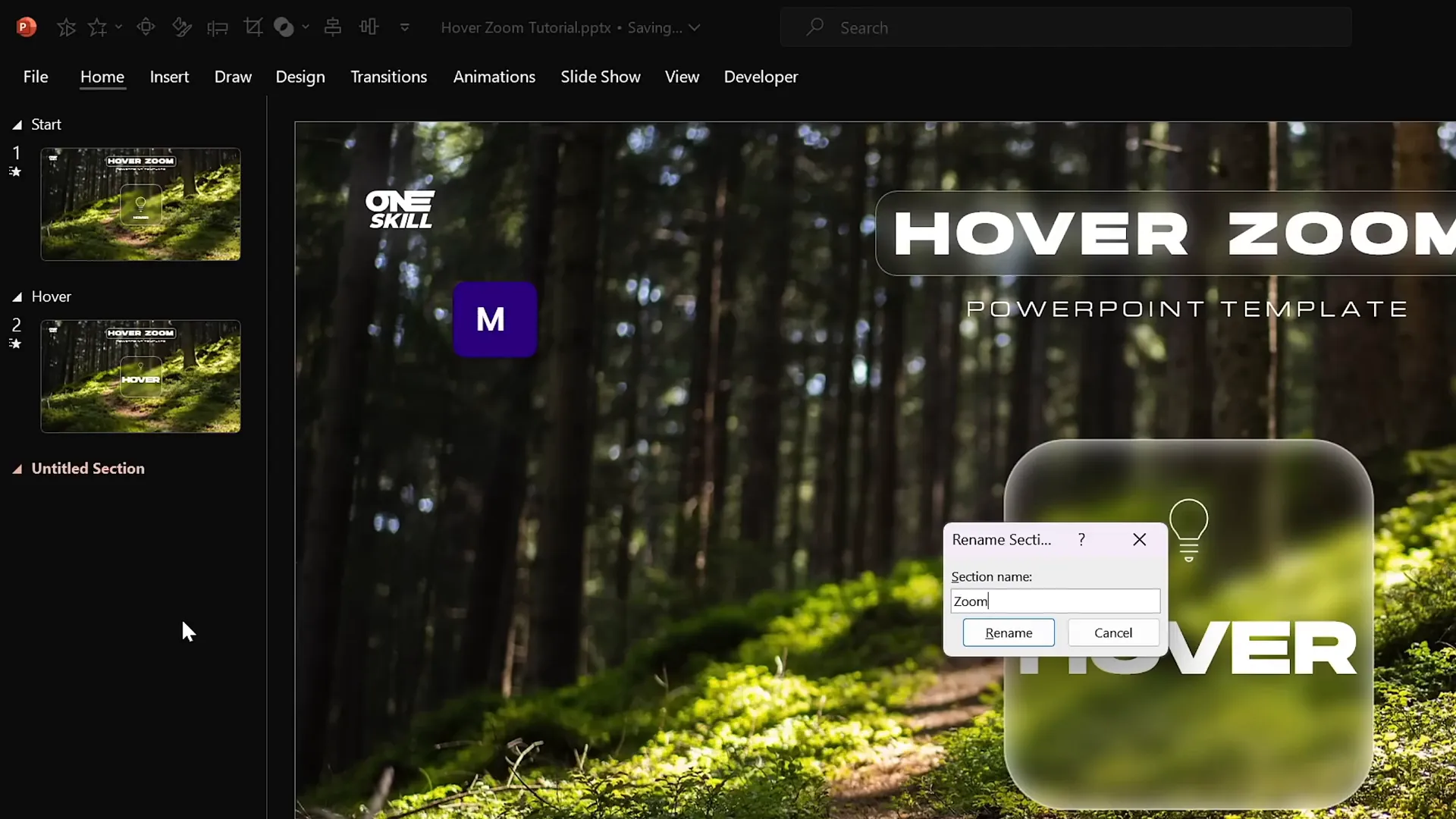 PowerPoint slide sections: Start, Hover, and Zoom