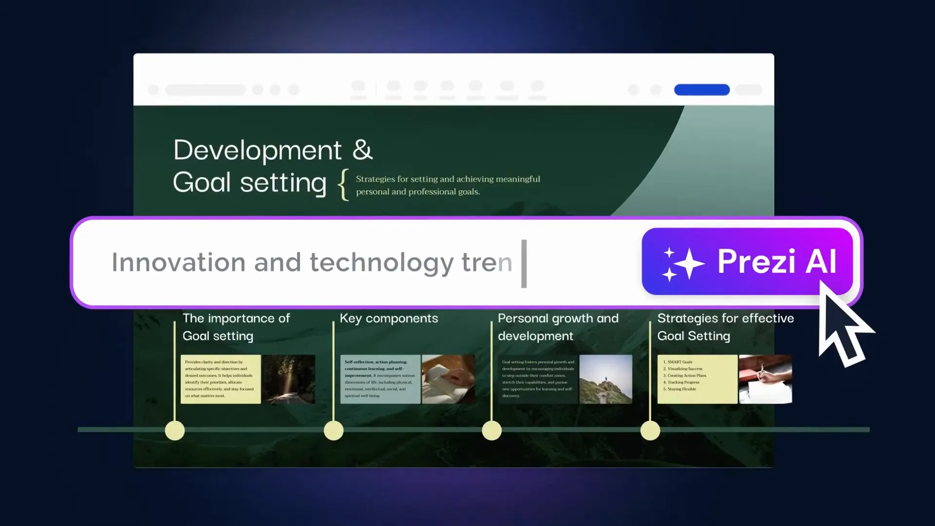 Prezi AI dynamic open canvas layout with cinematic zooming effects
