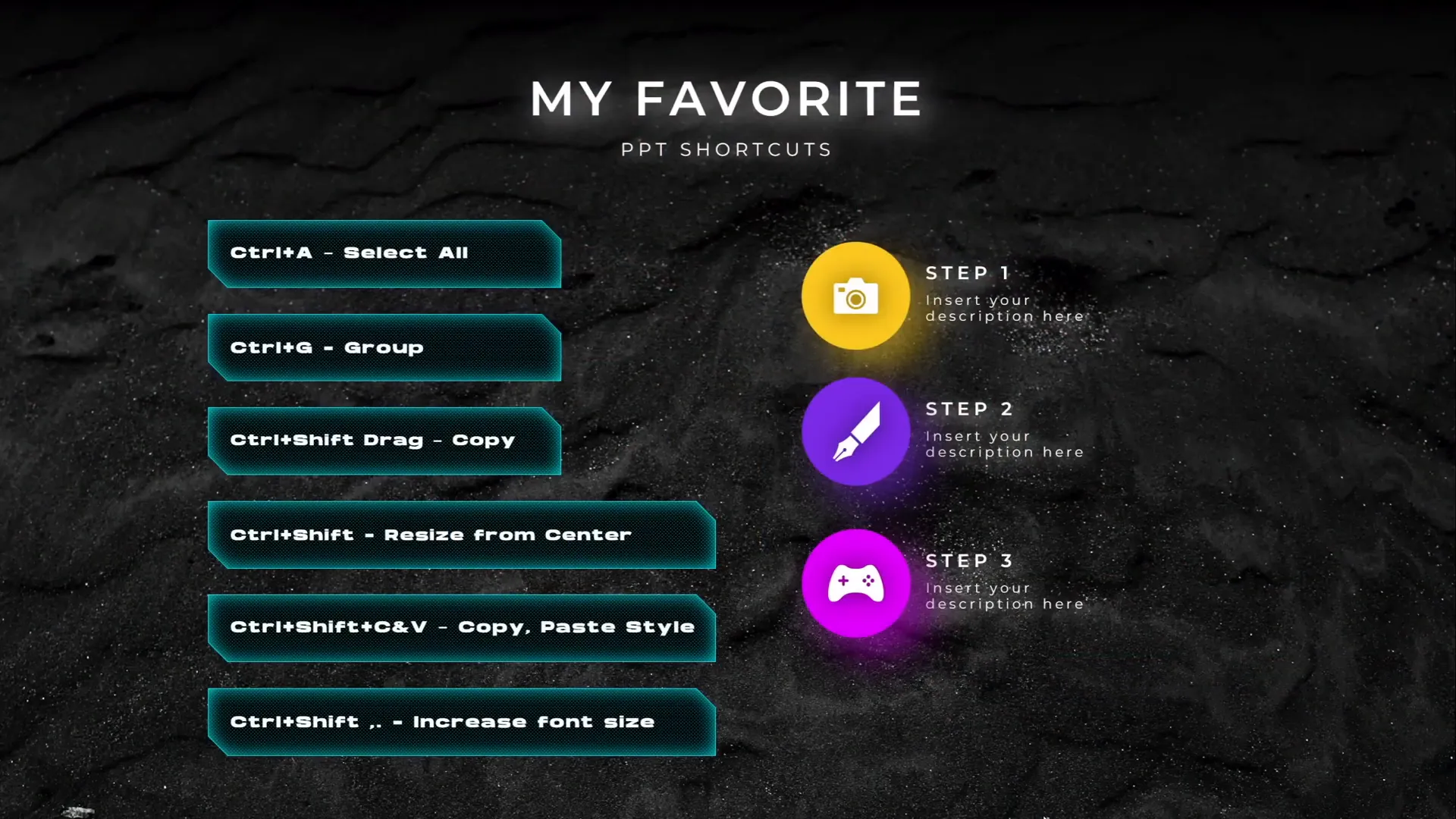 PowerPoint shortcuts for selecting, grouping, duplicating, and formatting