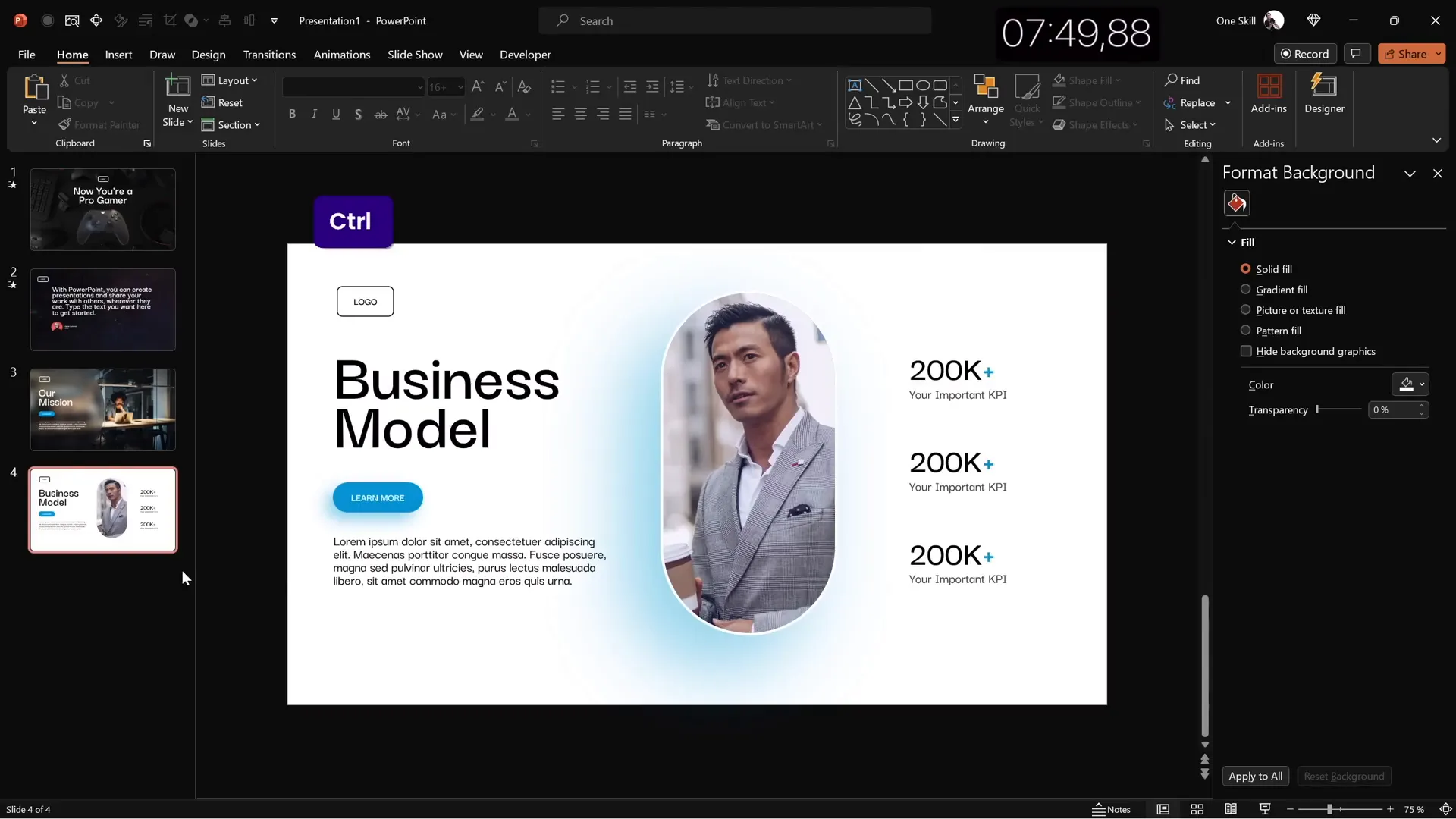 Business model slide with rounded photo placeholder and vertically aligned KPIs