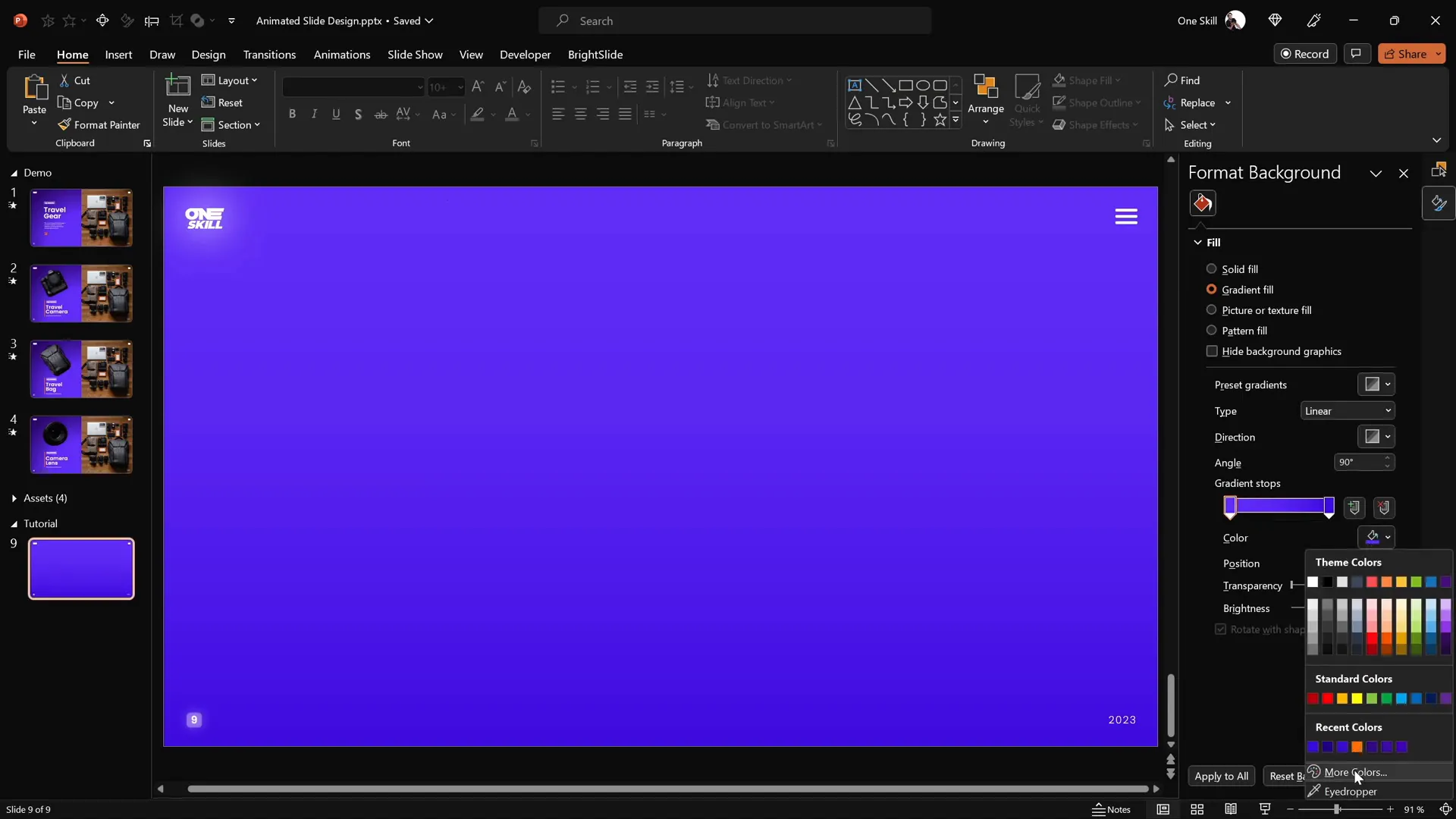 Applying gradient background with color stops in PowerPoint
