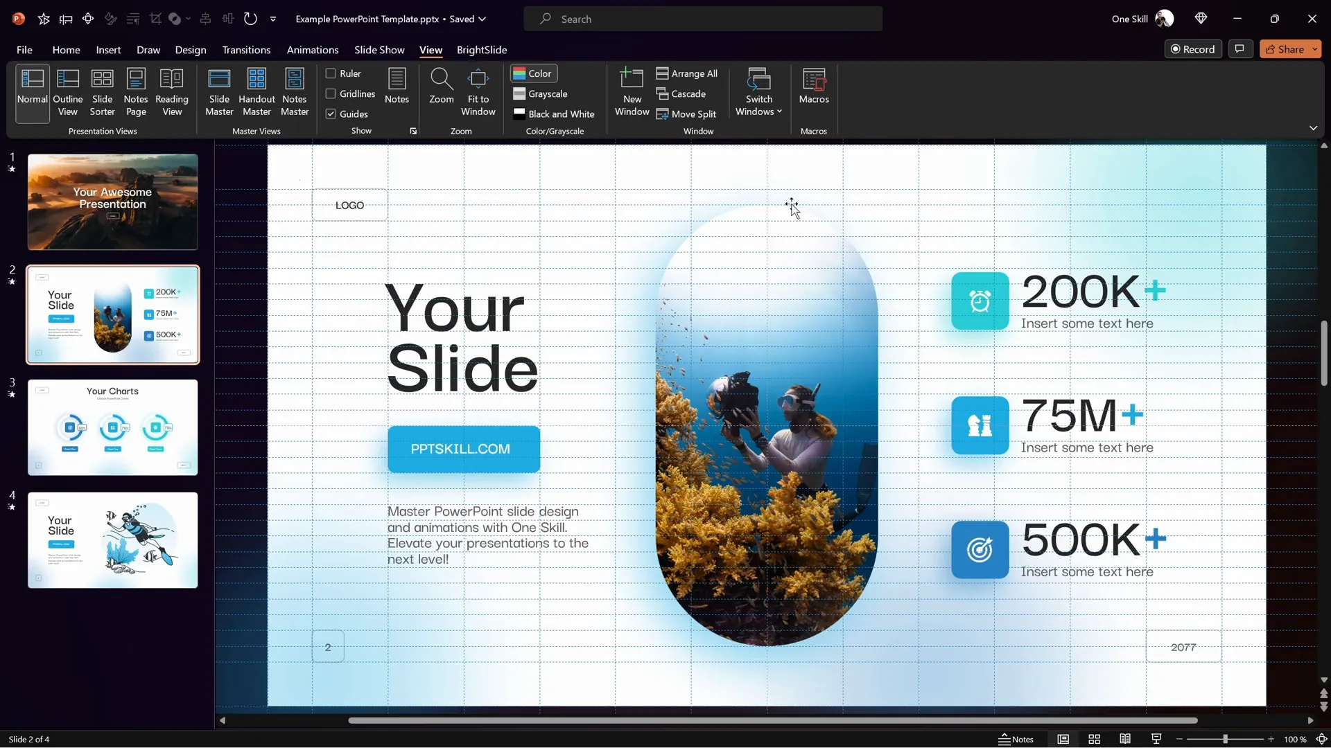 Multiple PowerPoint guides set up for alignment and spacing