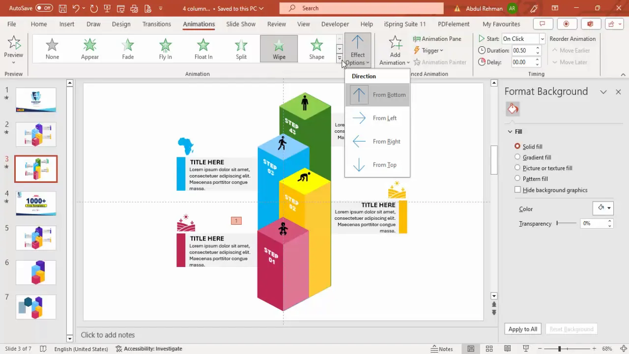 Applying wipe and stretch animations to grouped infographic steps