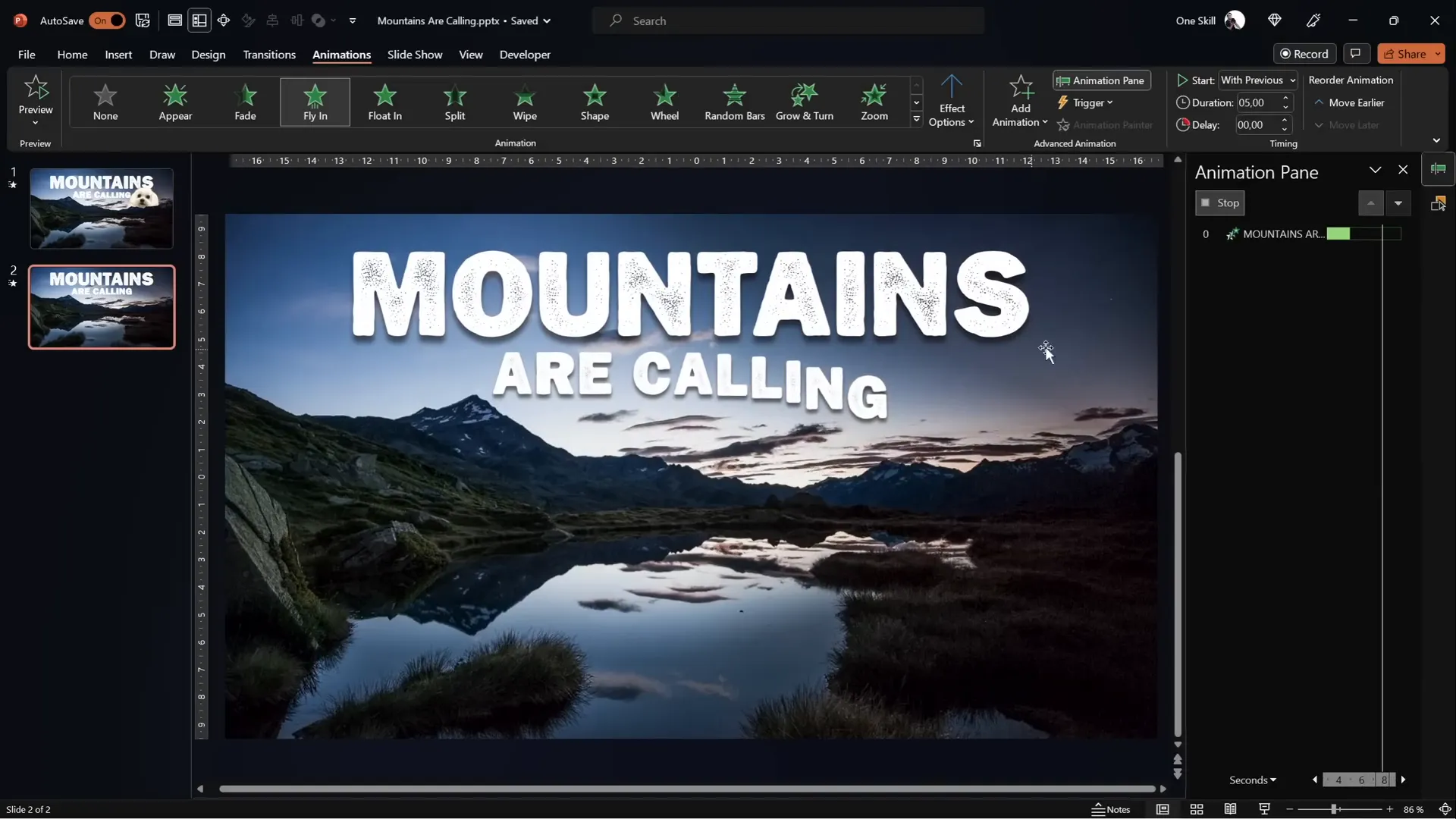 Text flying in and zooming animation settings in PowerPoint