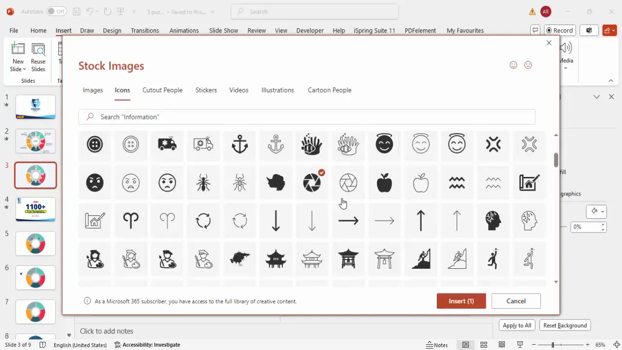 Inserting icons and adding text for each option in infographic slide
