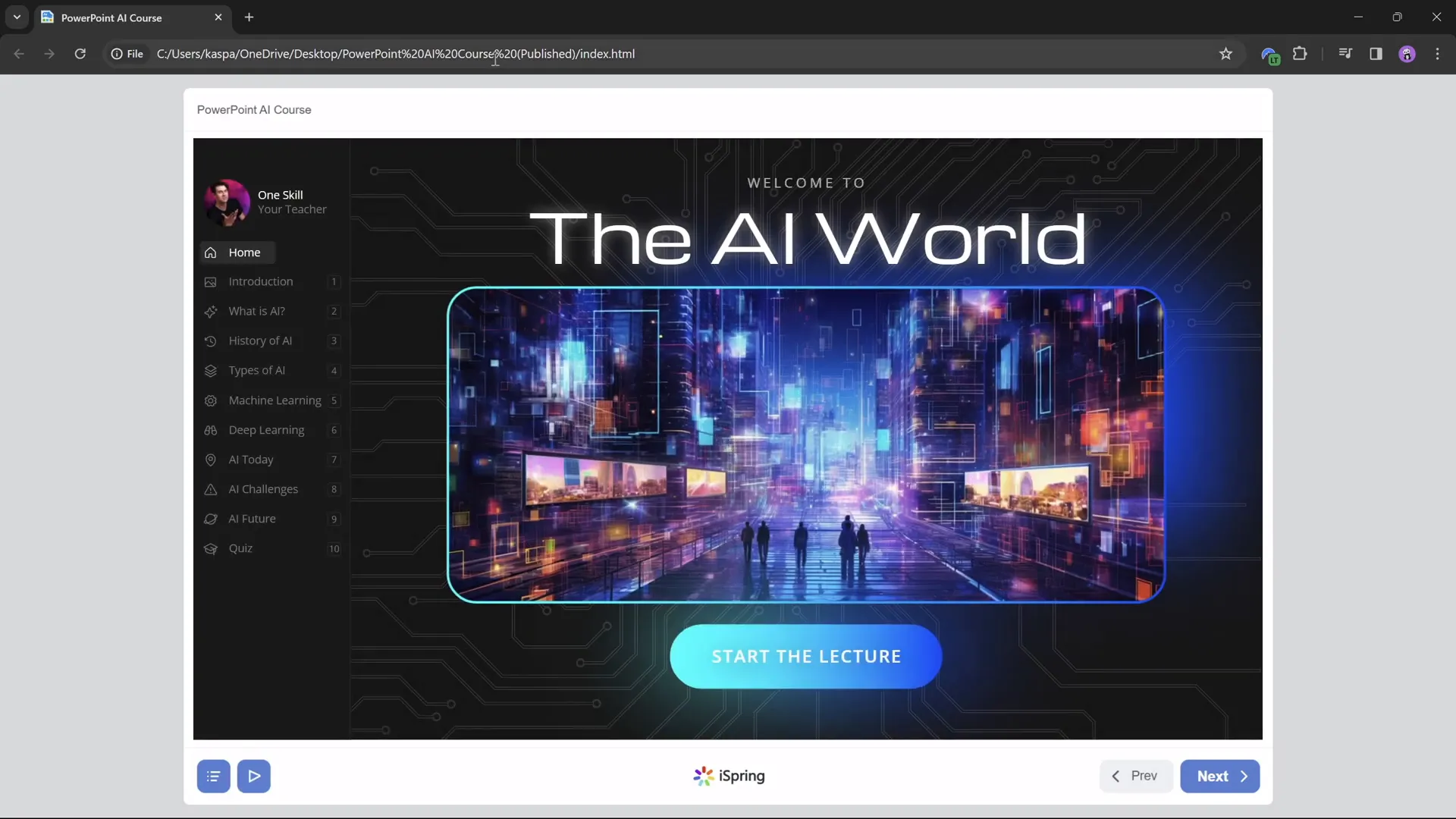 Published PowerPoint course with interactive sidebar navigation