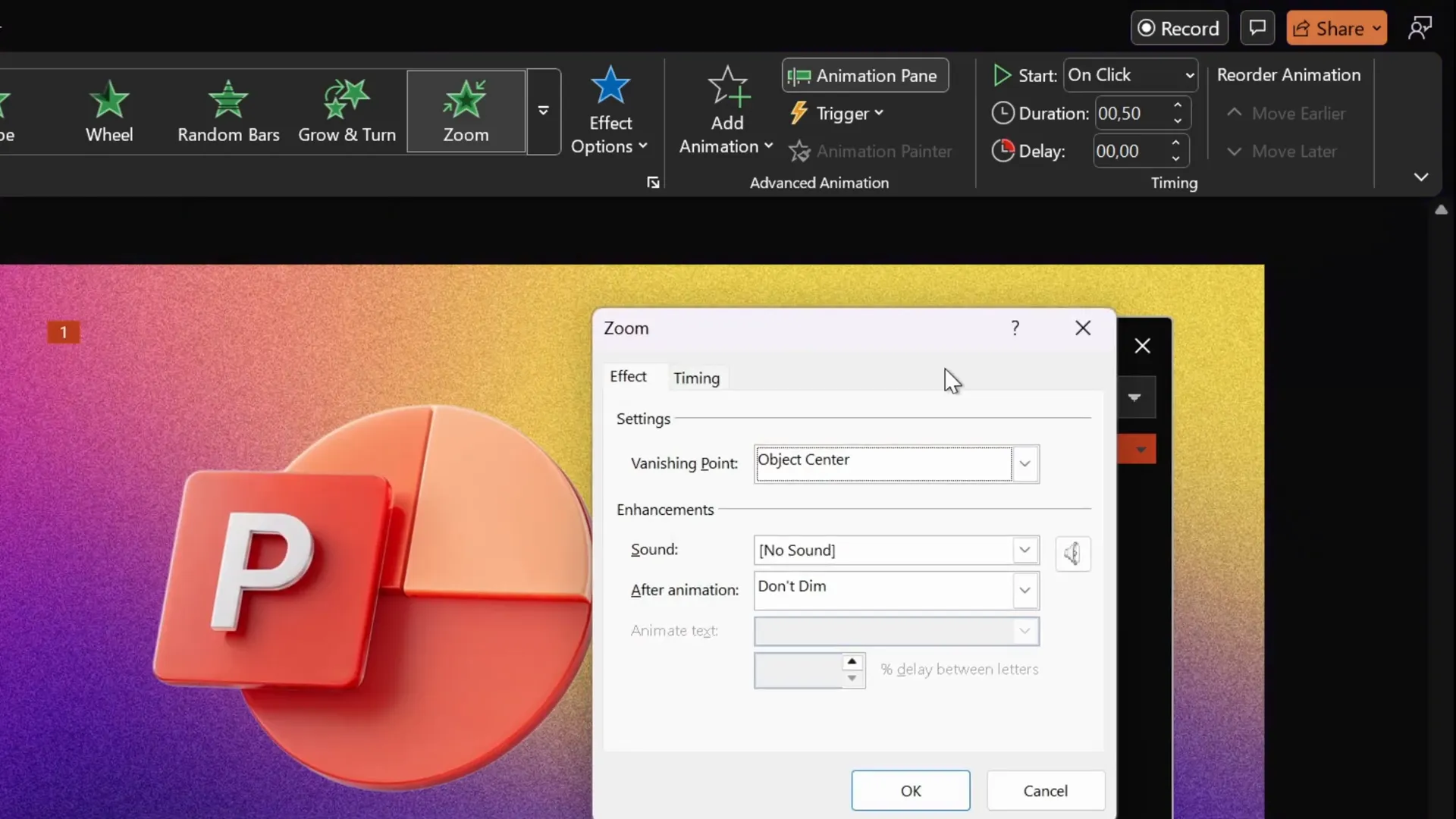 Zoom animation options showing no smooth end