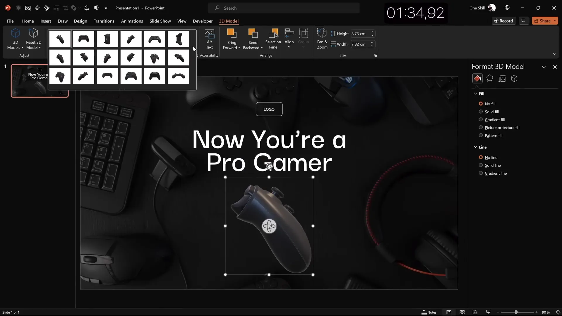 Creating slide 1: dark background with 3D controller and title