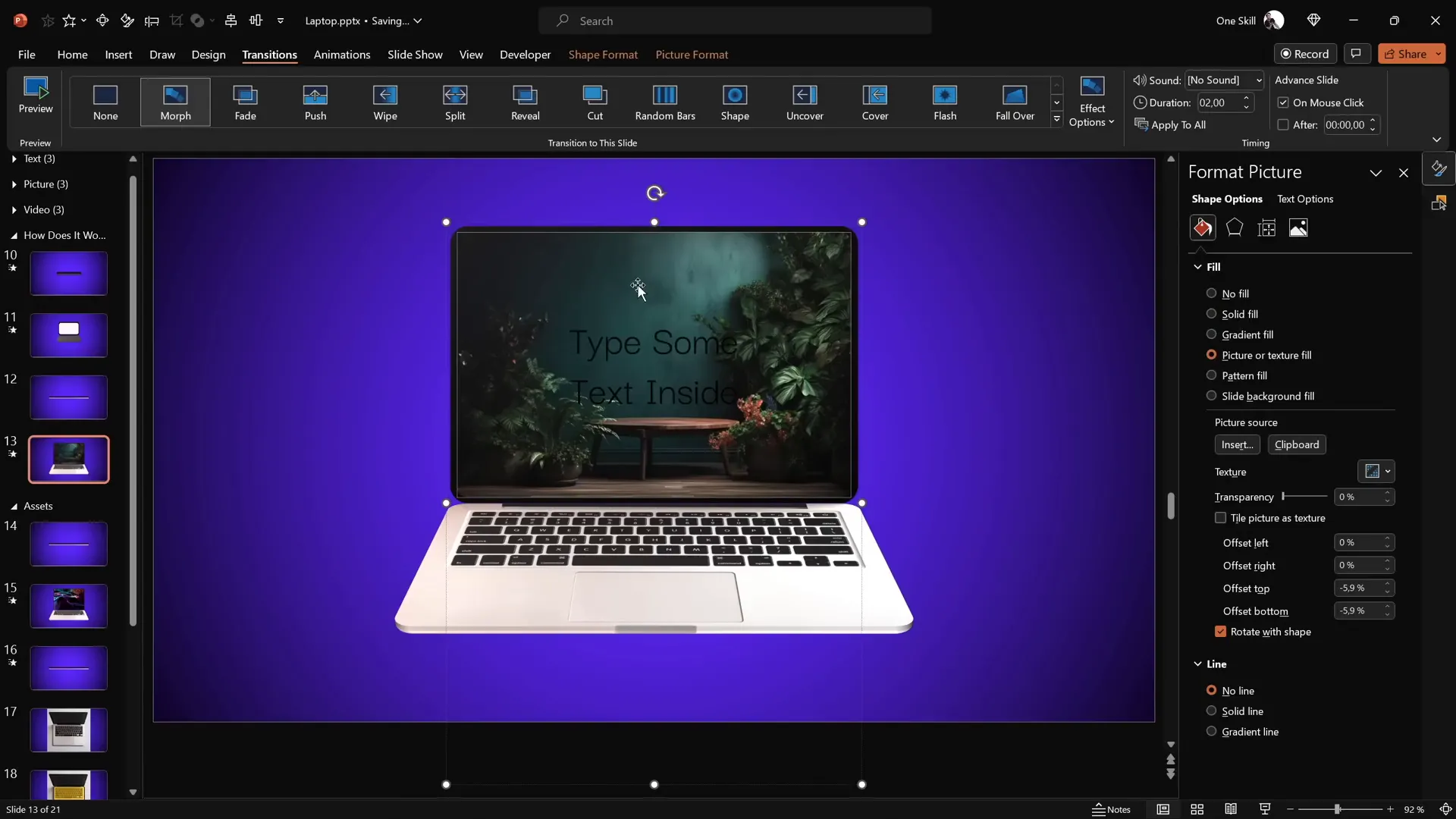 Laptop screen filled with a picture using picture fill