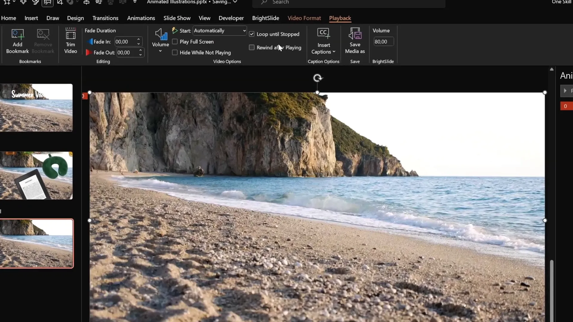 Video inserted as slide background with playback and looping settings configured