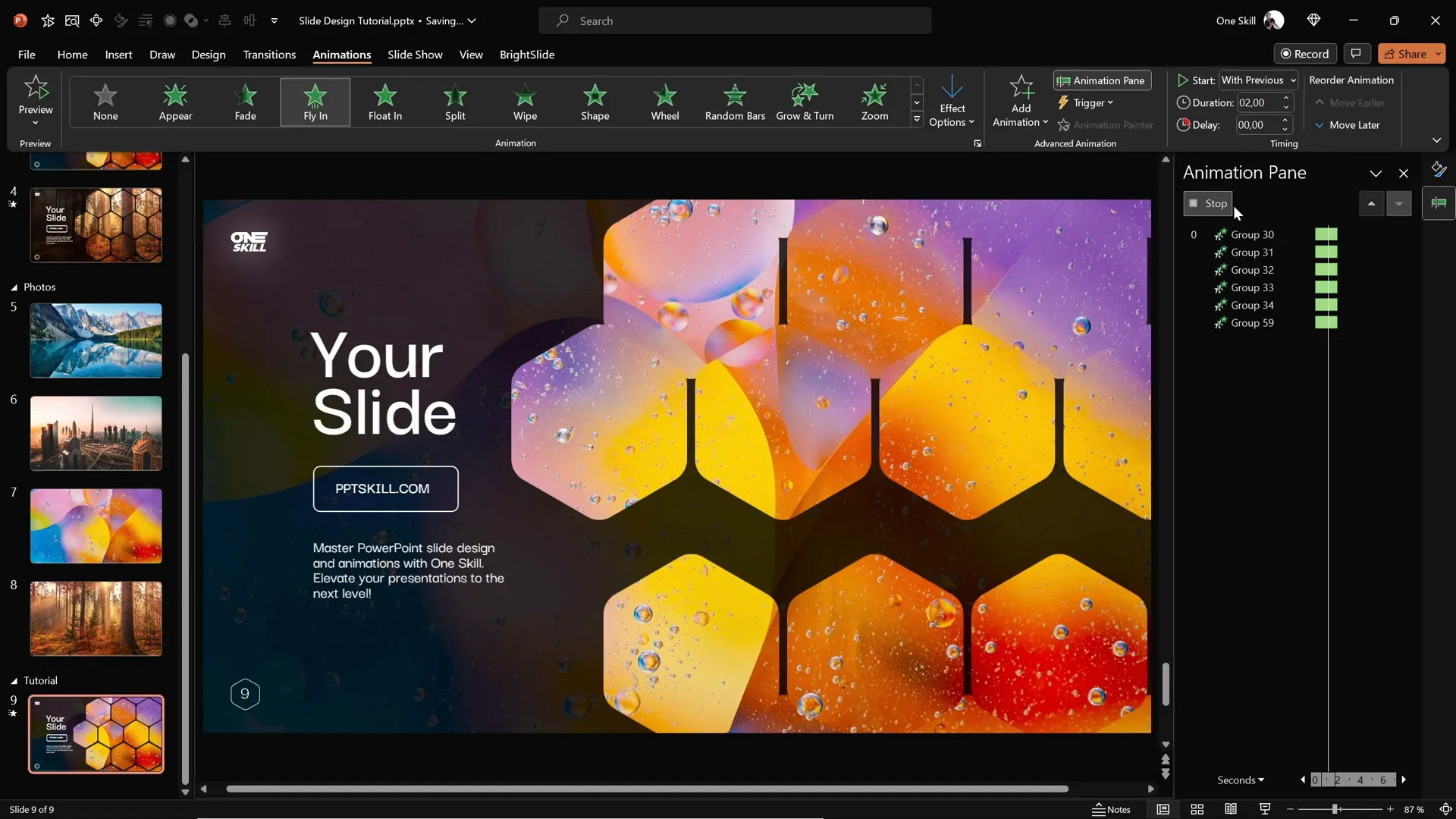 Text boxes bouncing in while hexagons fly into the slide