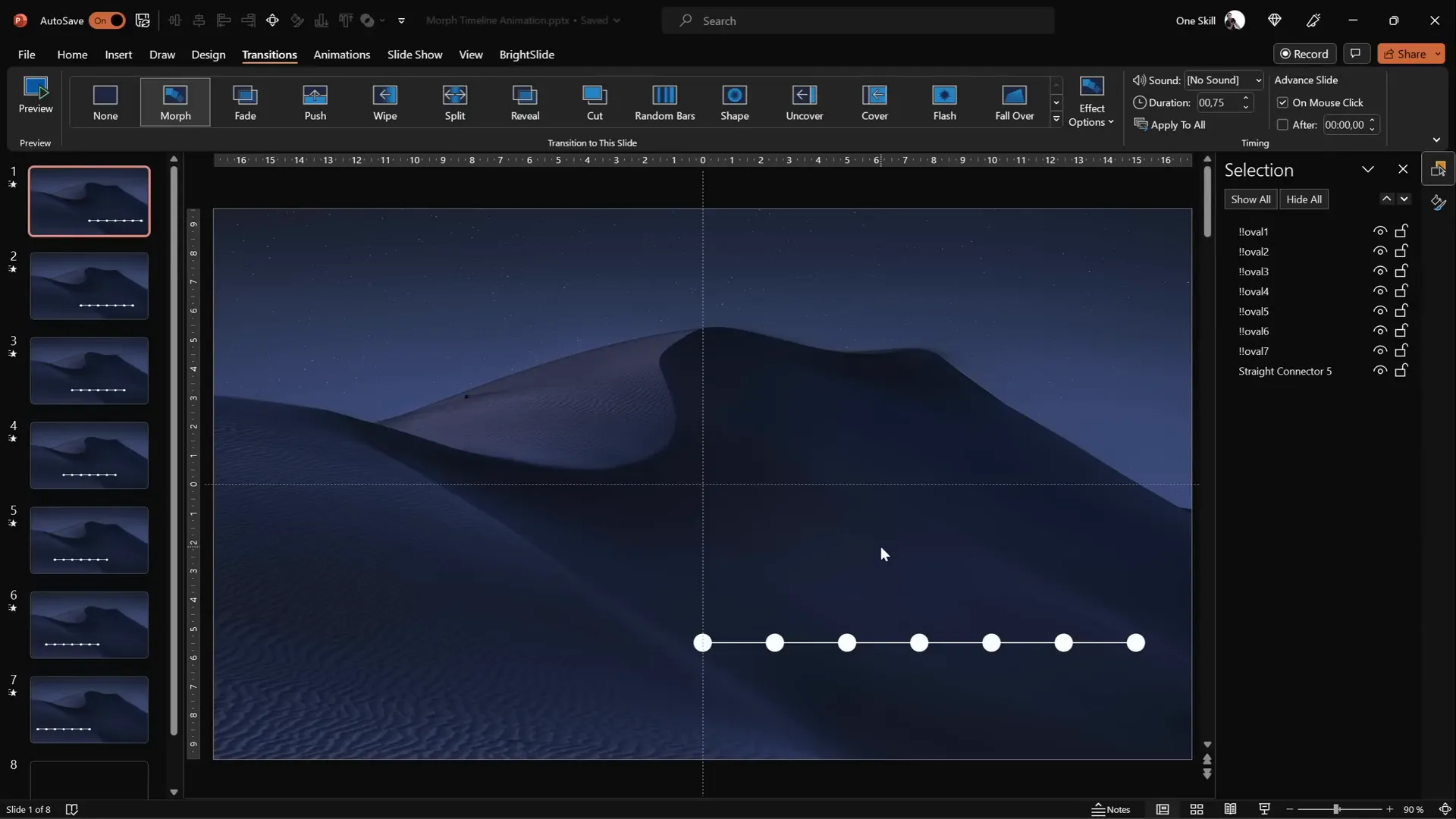 Morph transition applied to timeline slides showing circles moving smoothly