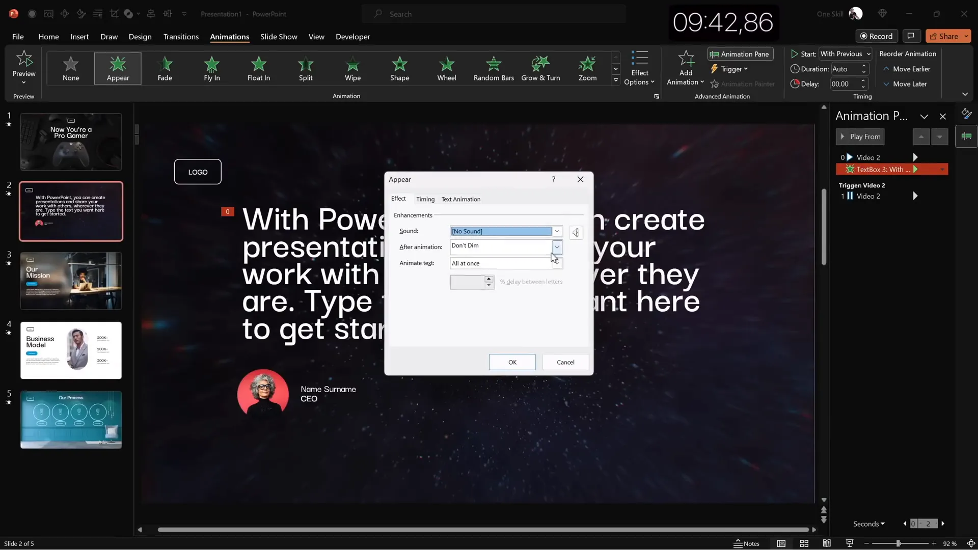Applying text animations and slide transitions in PowerPoint