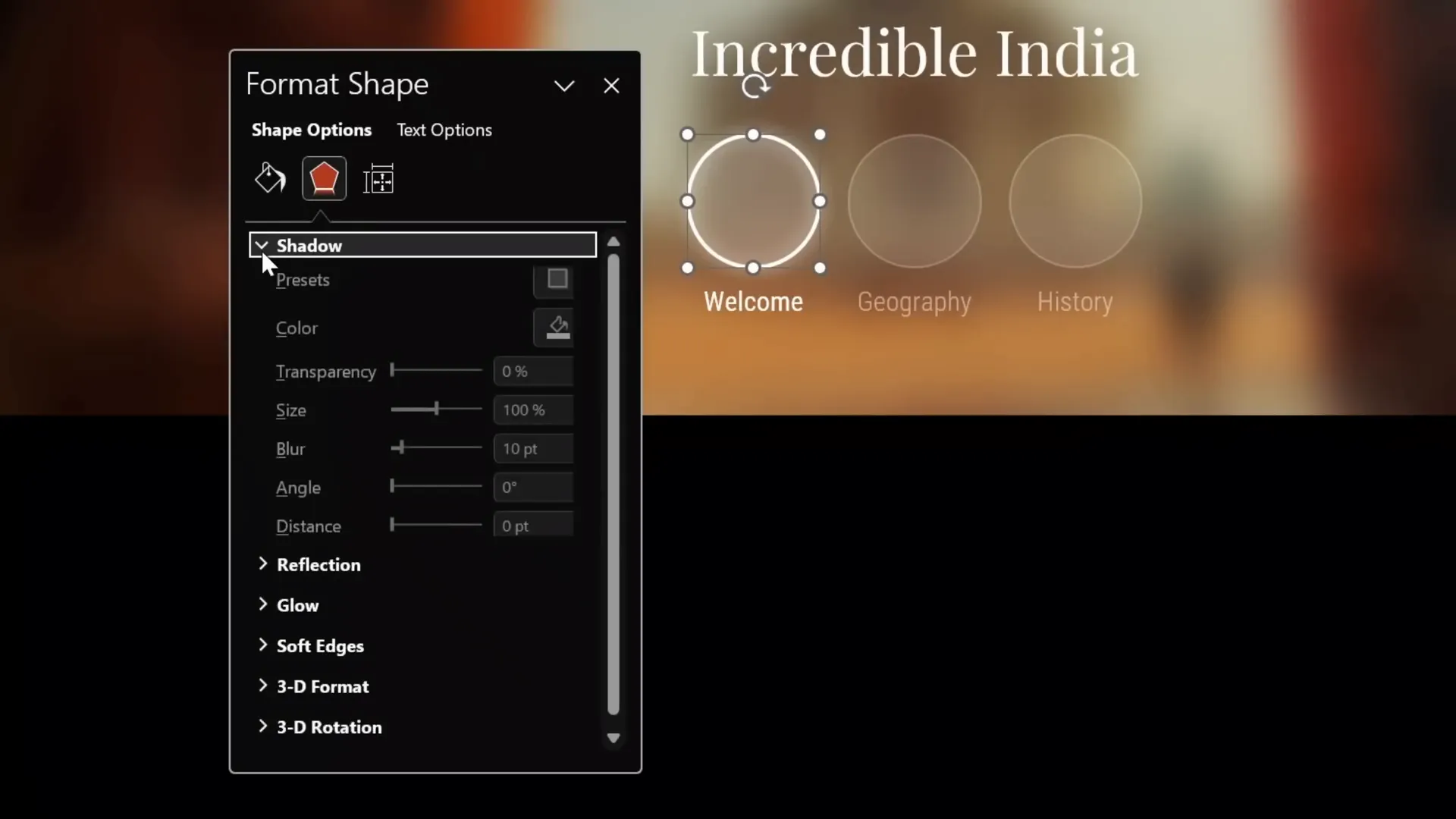 Formatting pane showing circle fill, outline, and glow settings