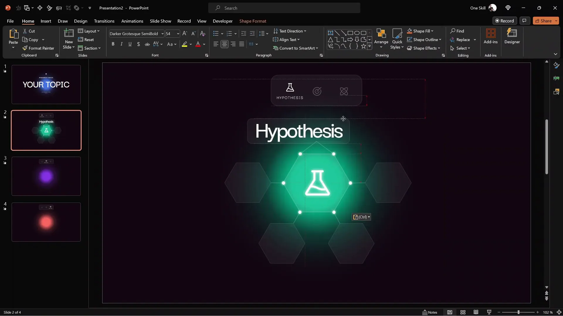 Hexagon infographic with glowing icons and semi-transparent shapes