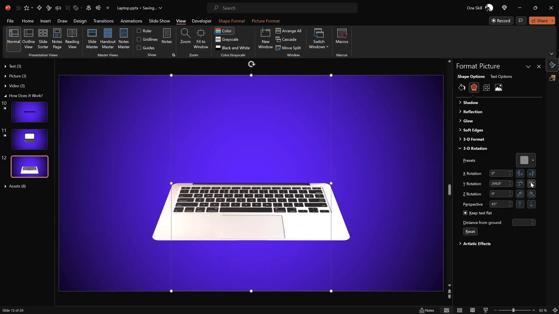 Realistic laptop keyboard shape with 3D rotation and depth