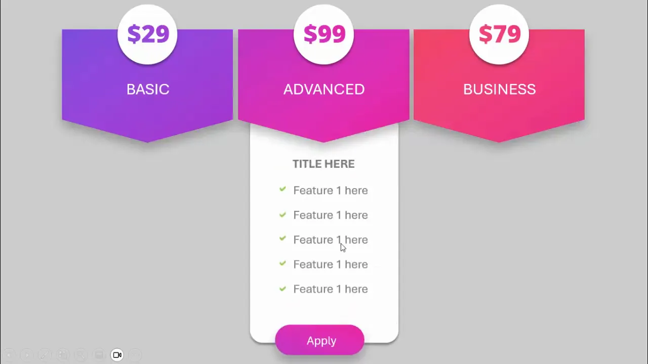 Example of pricing options with click and reveal animation